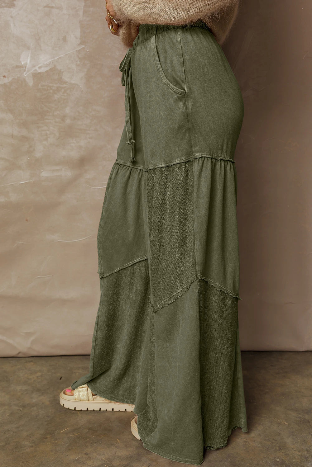 Mineral Wash Tiered Wide Leg Patchwork Drawstring Pants