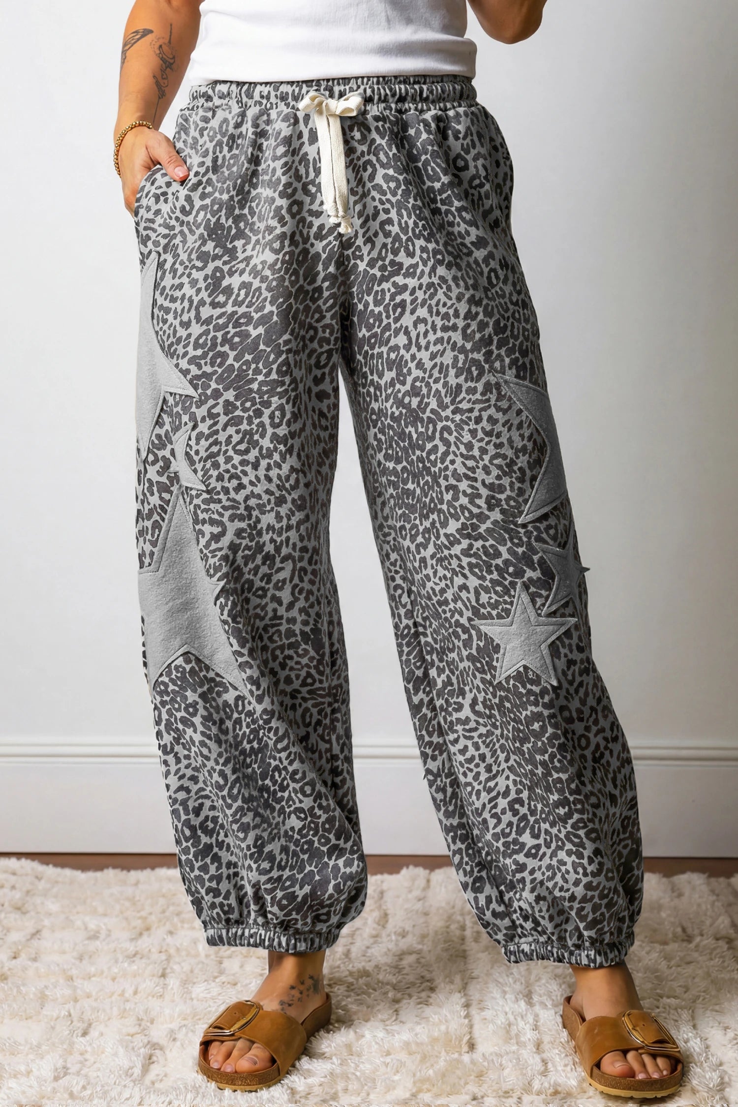 Leopard Print Star Patched Drawstring Elastic Waist Jogger {2 Colorways}