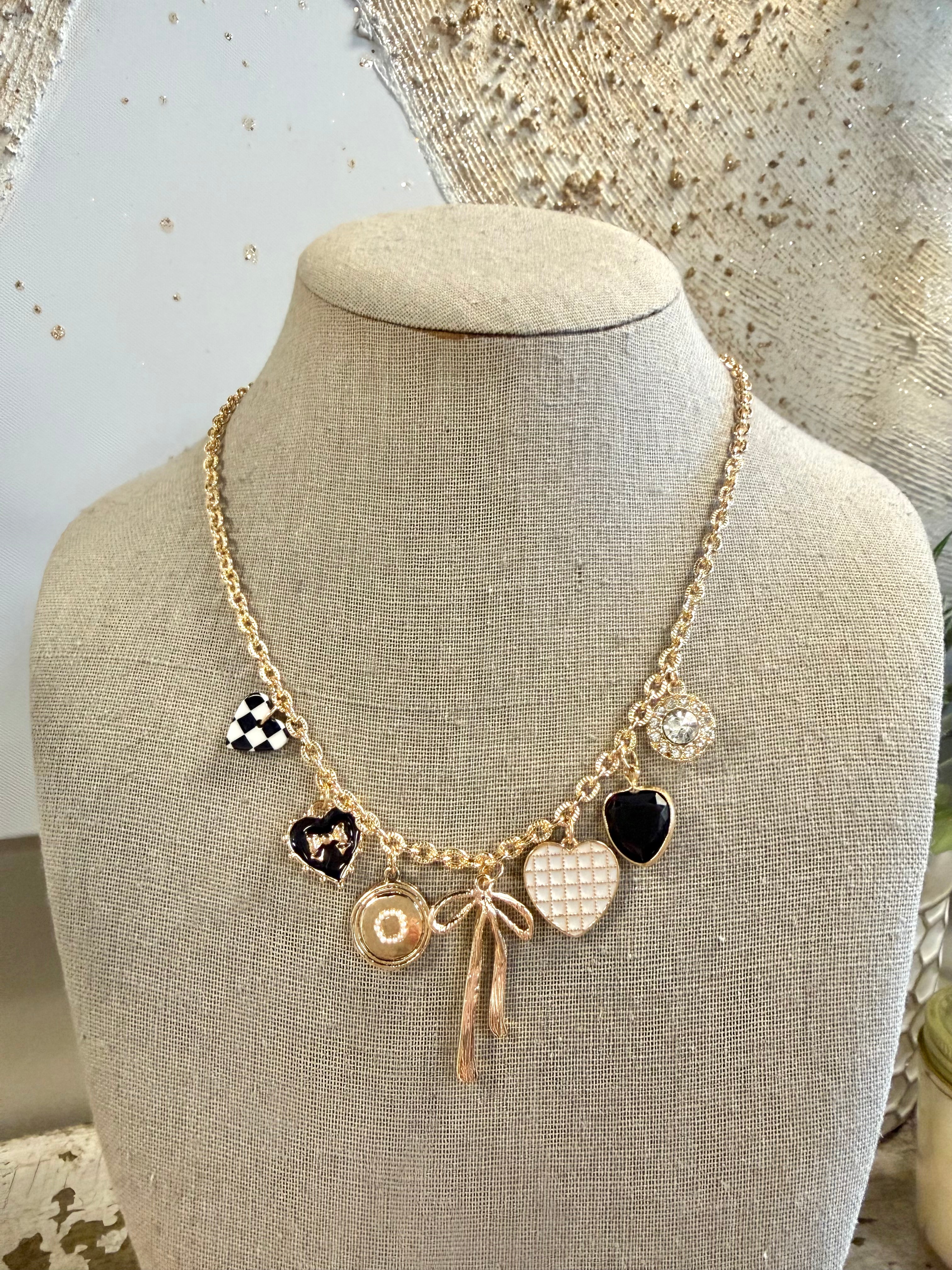Checker Heart Bow Rhinestone Charm Necklace