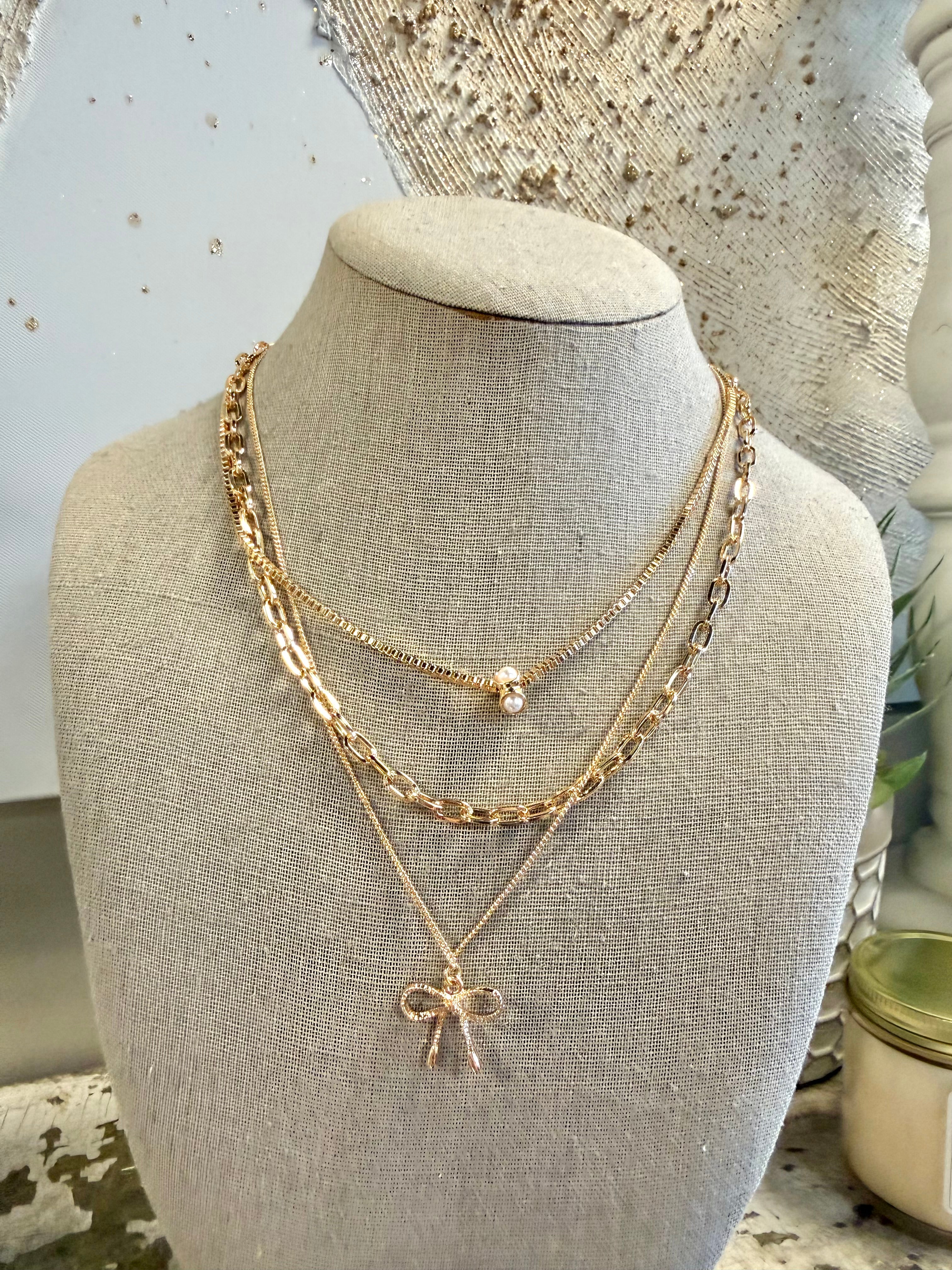 Multi-Layer Pearl Bow Charm Necklace