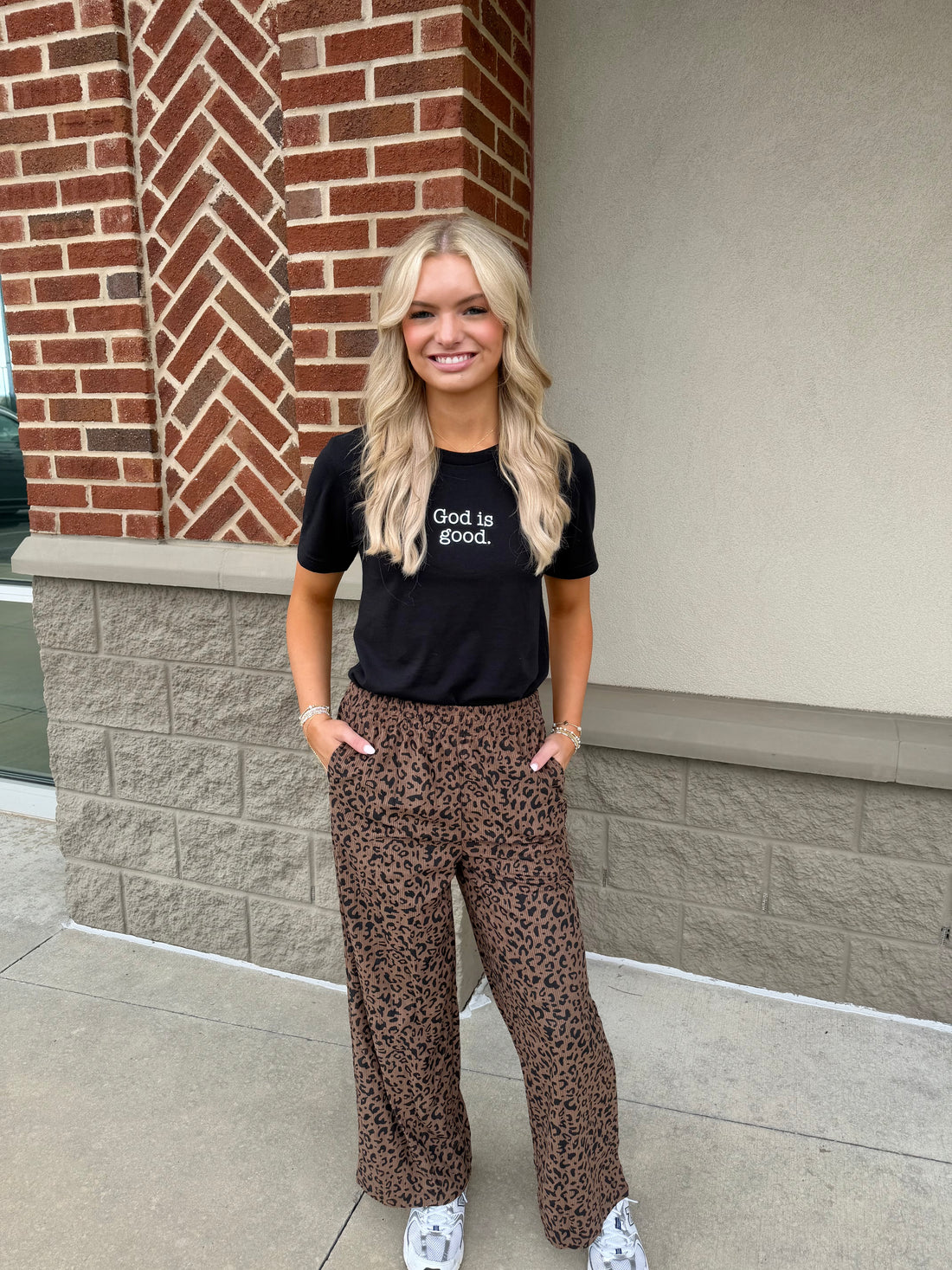 Dark Brown Leopard Print Elastic High Waist Loose Corduroy Pants