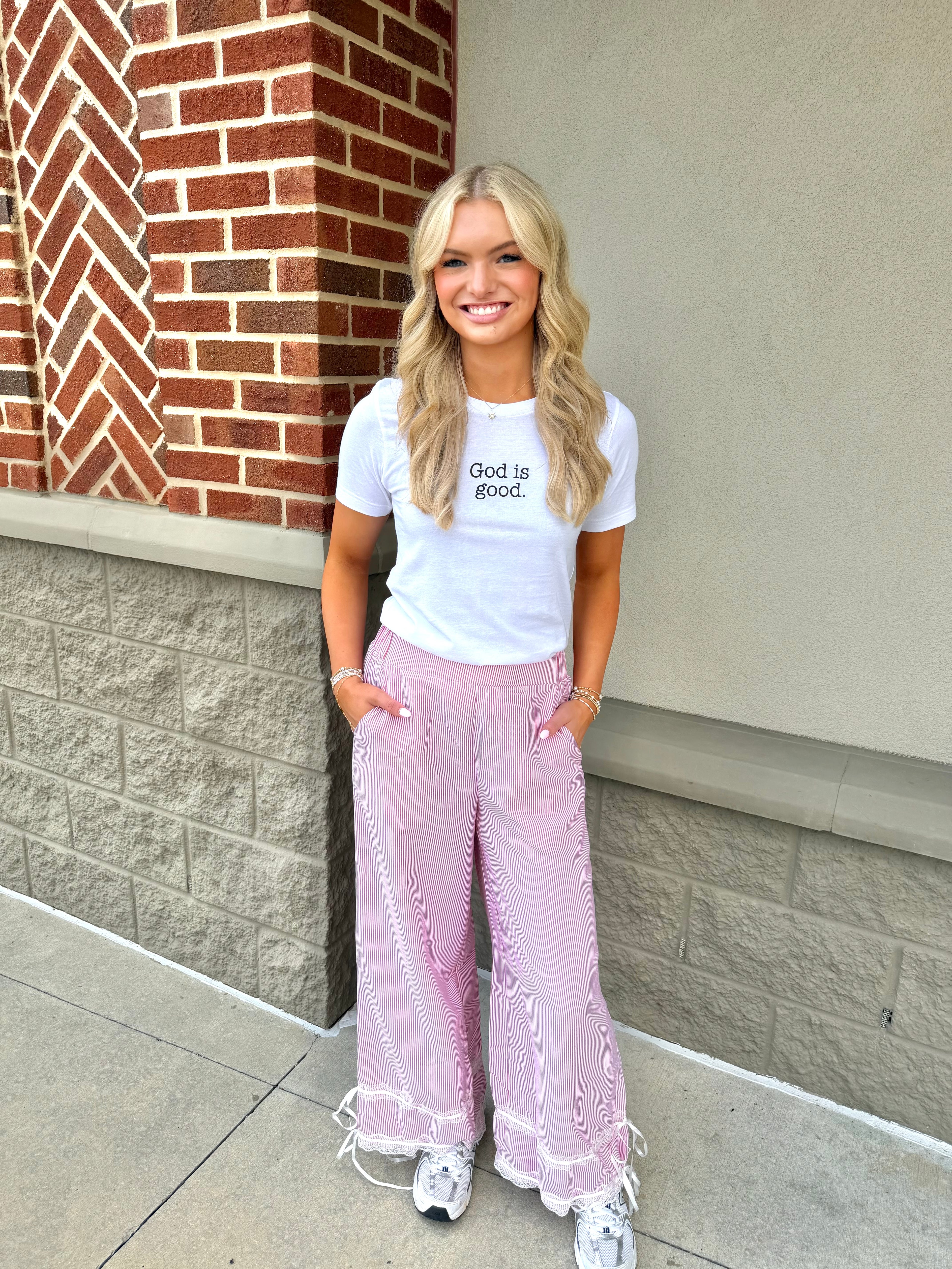 Red Stripe Contrast Lace Ribbon Tie Detail Wide Leg Pants