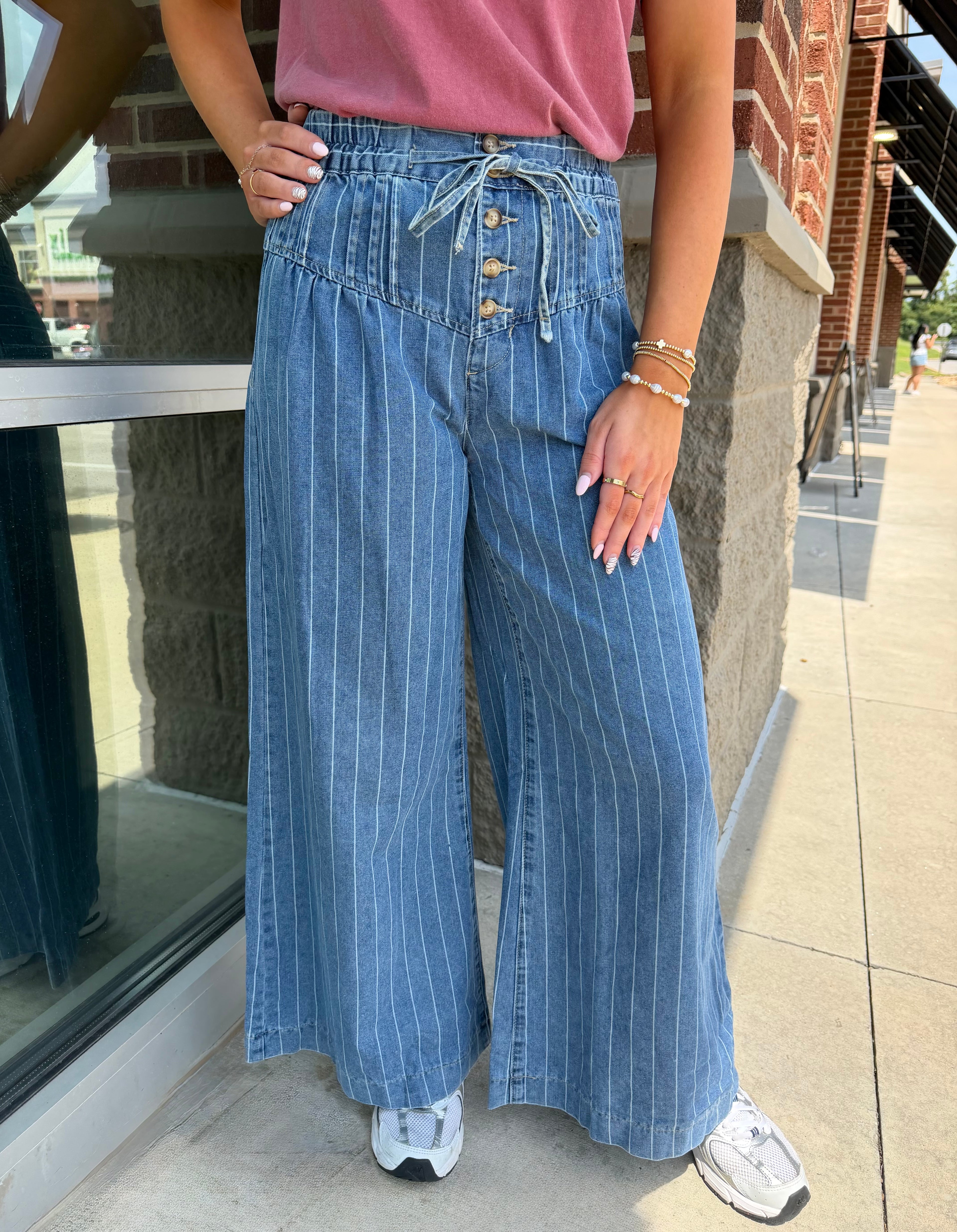 Sky Blue Stripe Button Pleated Drawstring Waist Casual Wide Leg Jeans