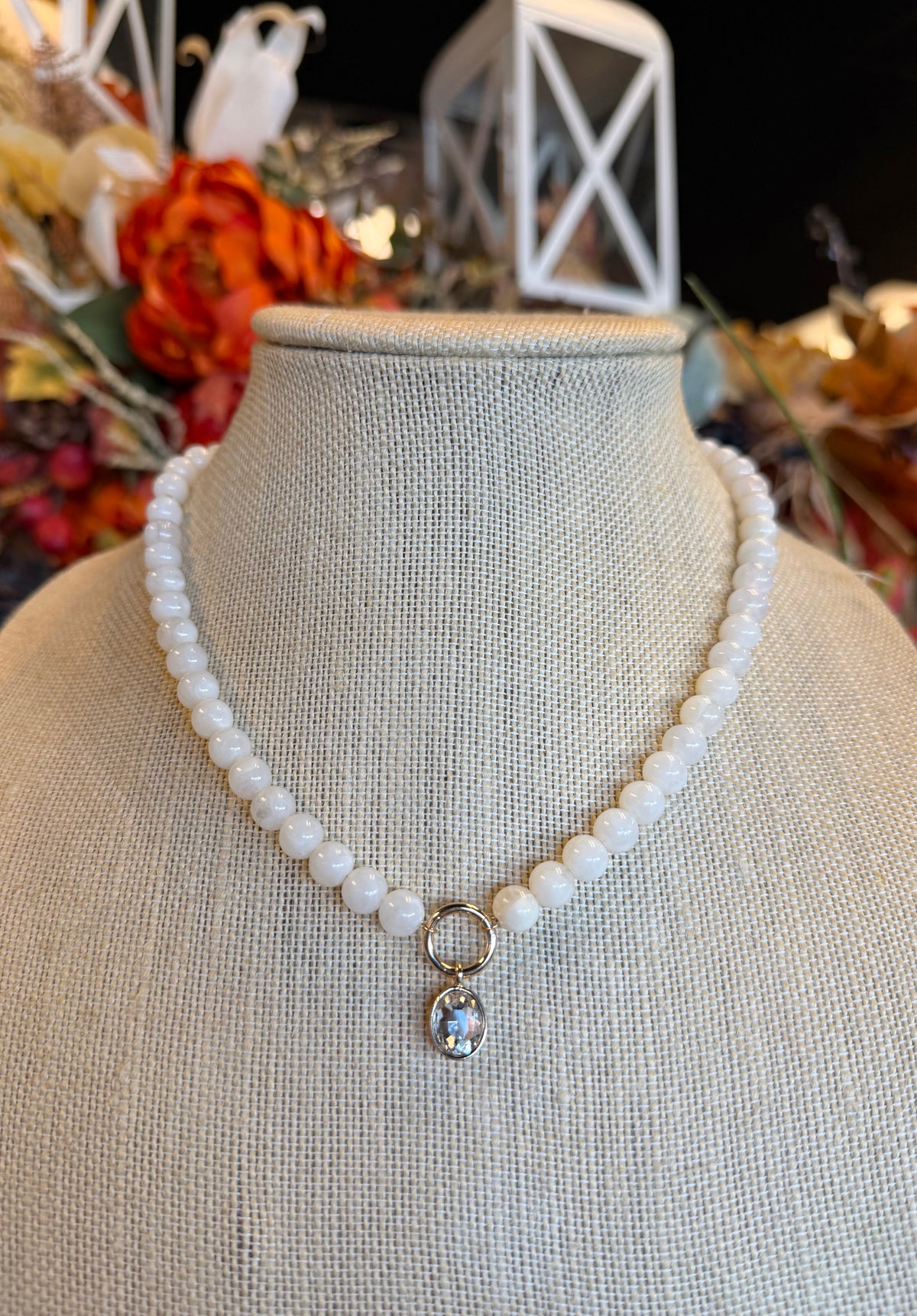 Round Stone Bezel Charm Pendant Beaded Necklace