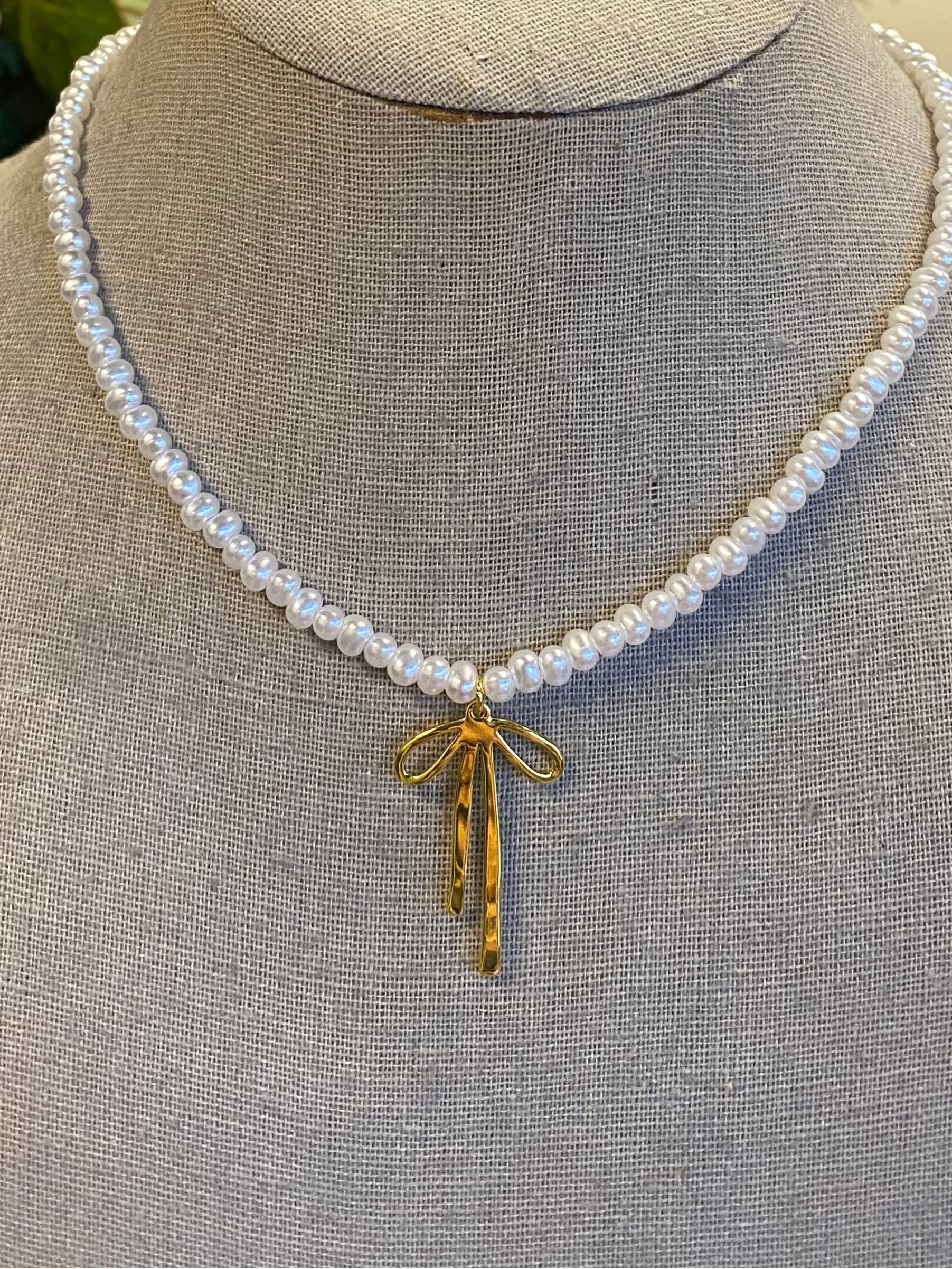 Pearl Chain Bow Charm Necklace