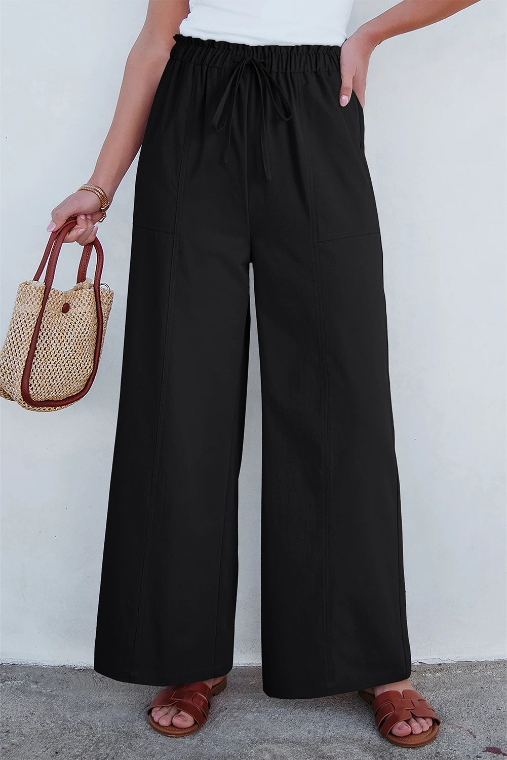 Black Solid Color Drawstring Elastic Waist Casual Loose Pants