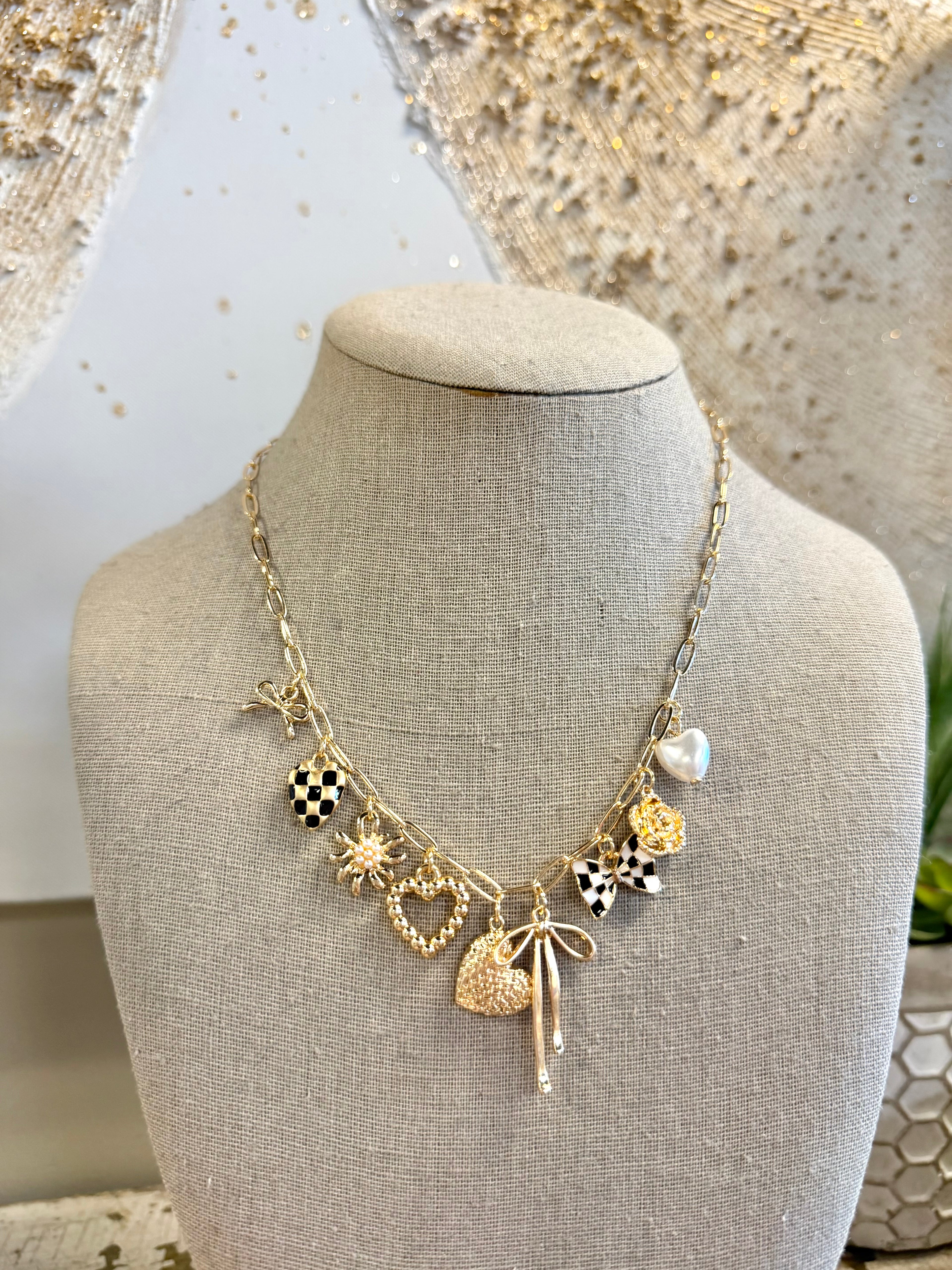 Bow Checker Heart Floral Charm Necklace