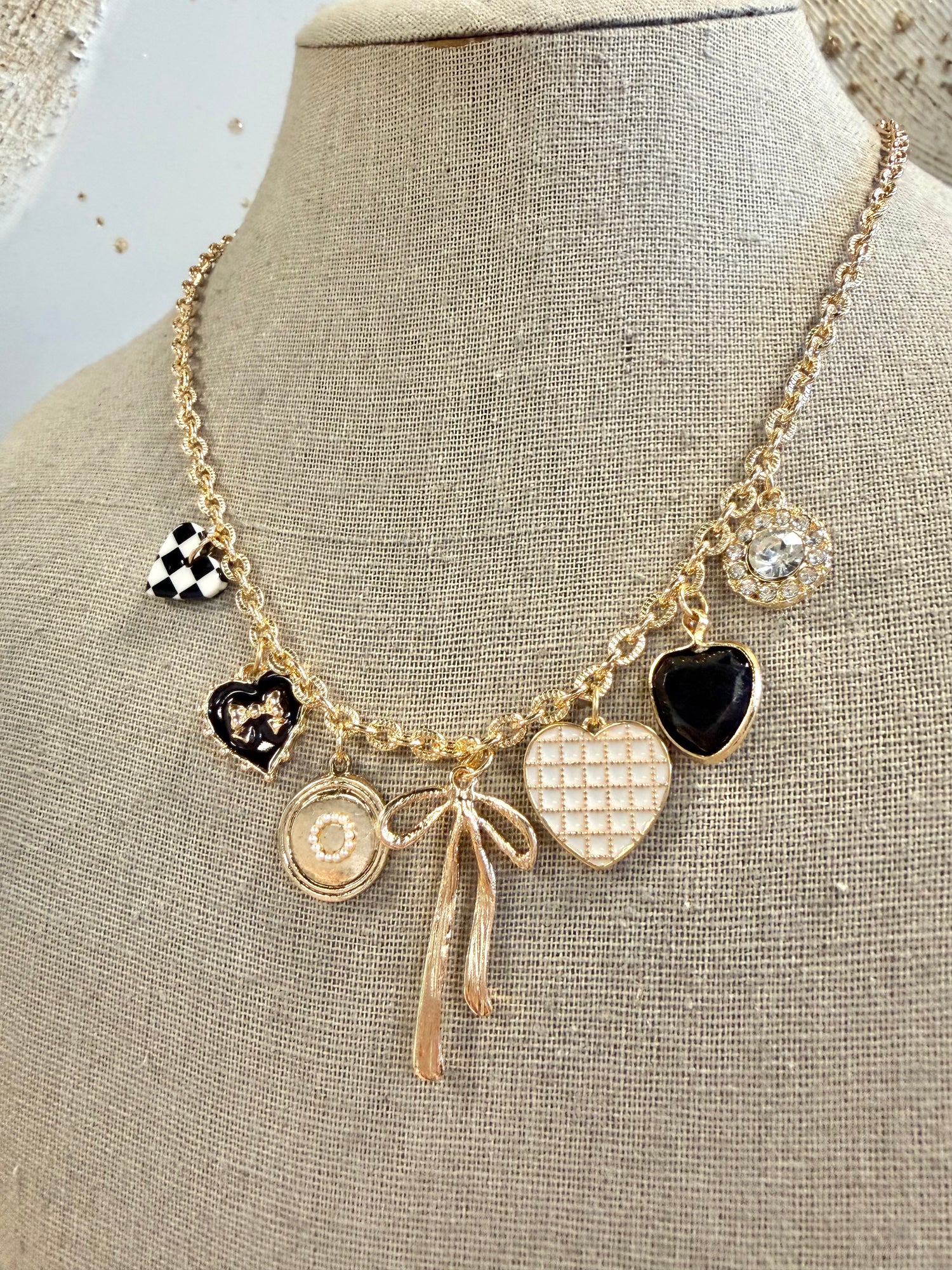 Checker Heart Bow Rhinestone Charm Necklace