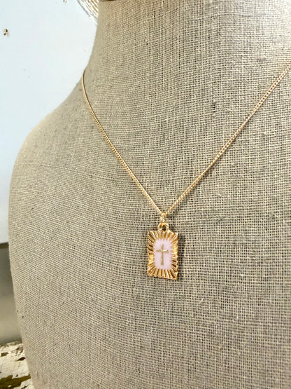 Sunburst Square Cross Pendant Necklace