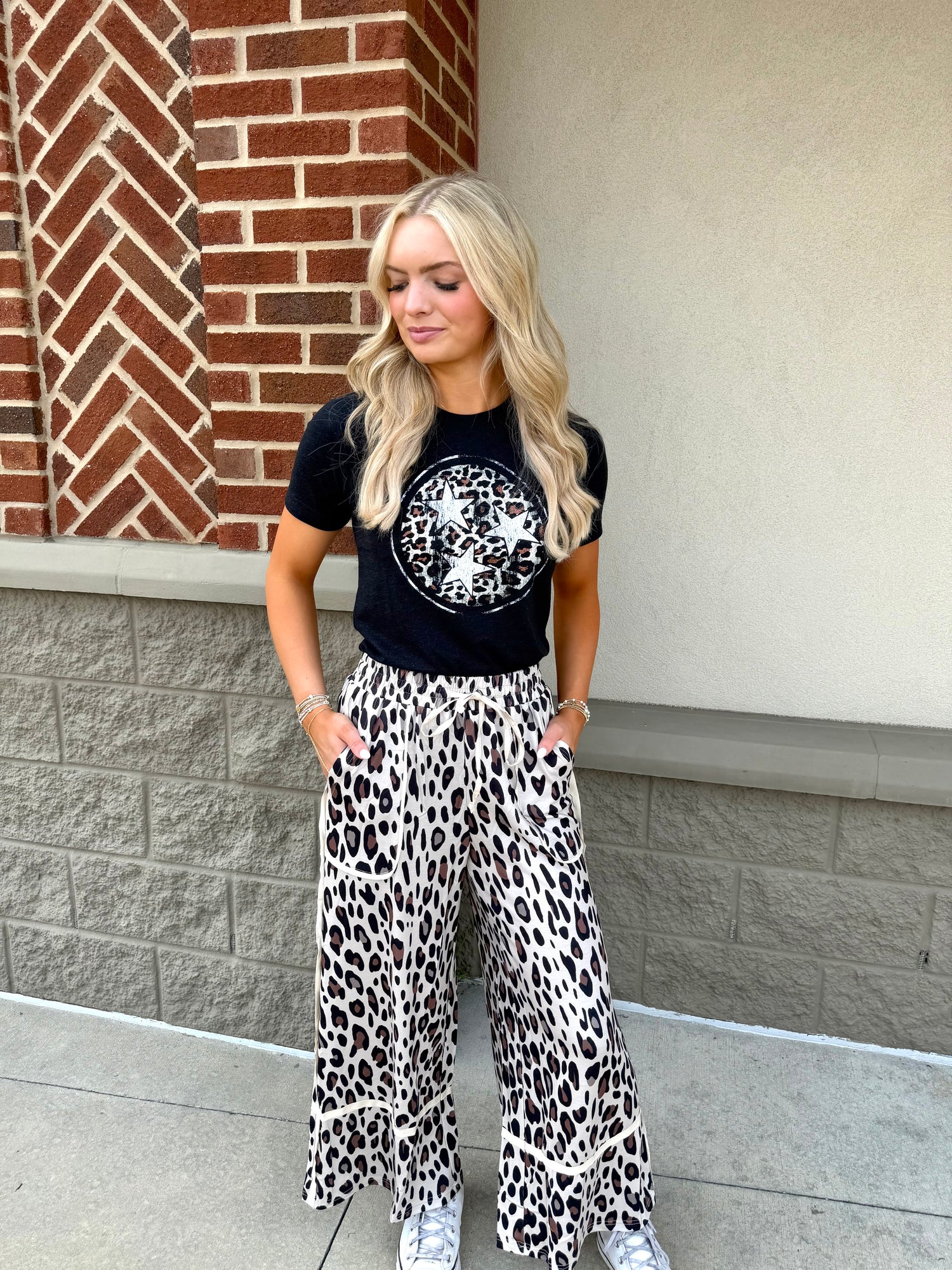 Khaki Leopard Wide Leg Cropped Pants