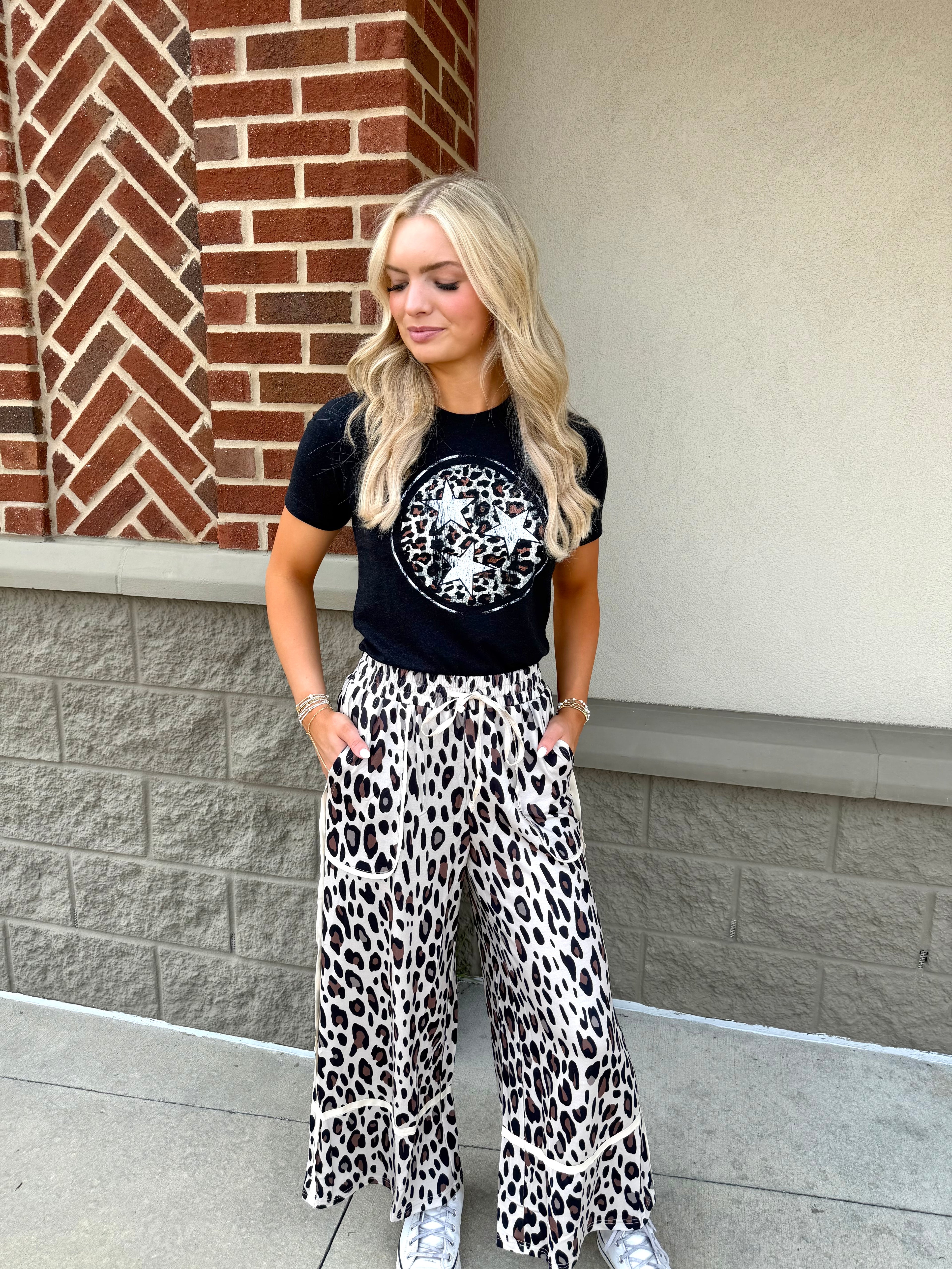 Khaki Leopard Wide Leg Cropped Pants