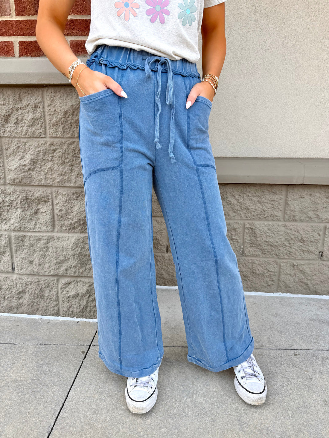 Mineral Wash Drawstring Retro High Waist Wide Leg Western Pants