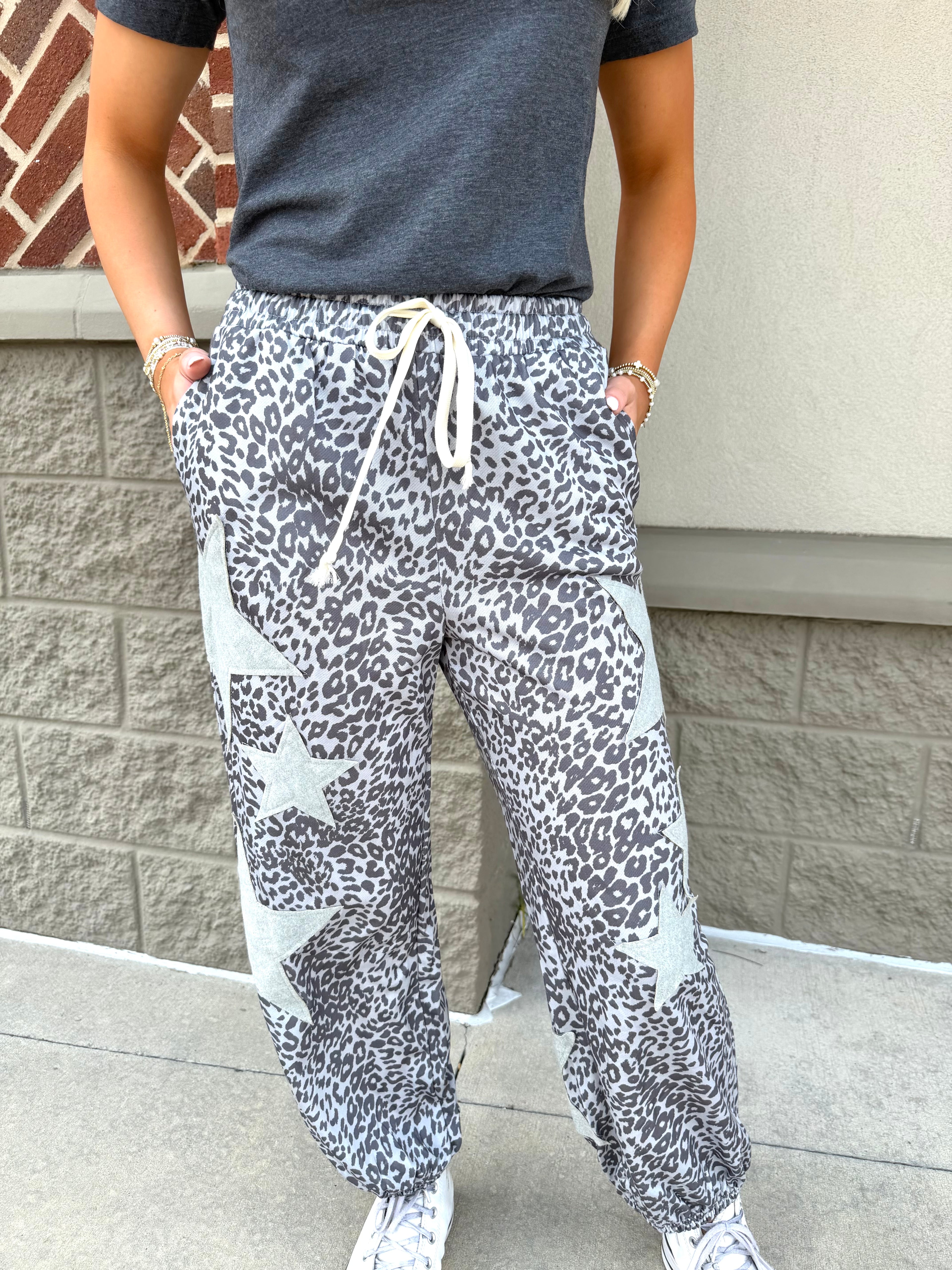 Leopard Print Star Patched Drawstring Elastic Waist Jogger {2 Colorways}