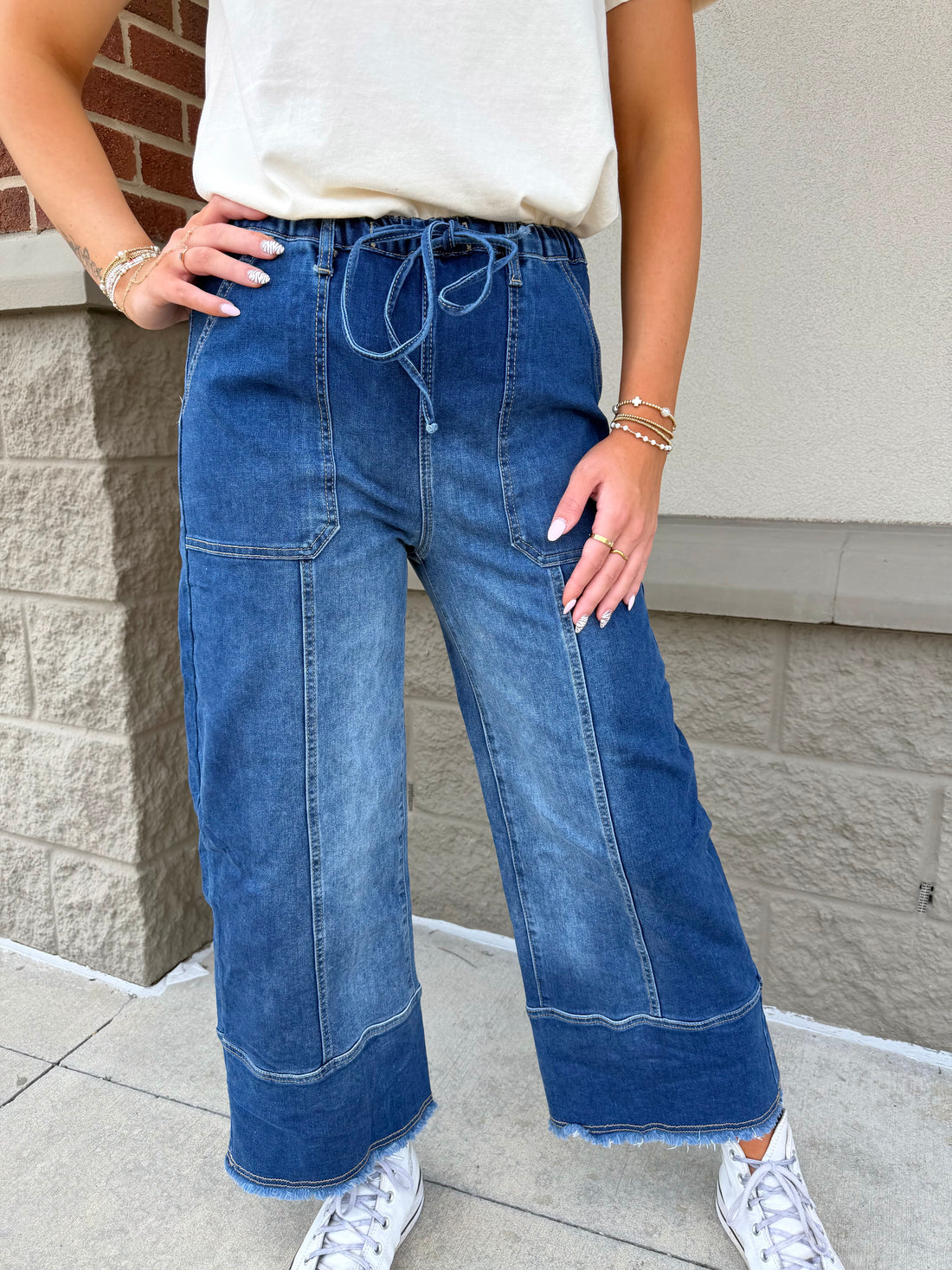 Drawstring Seam Detail Raw Hem Wide Leg Denim Pants