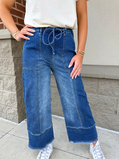 Drawstring Seam Detail Raw Hem Wide Leg Denim Pants