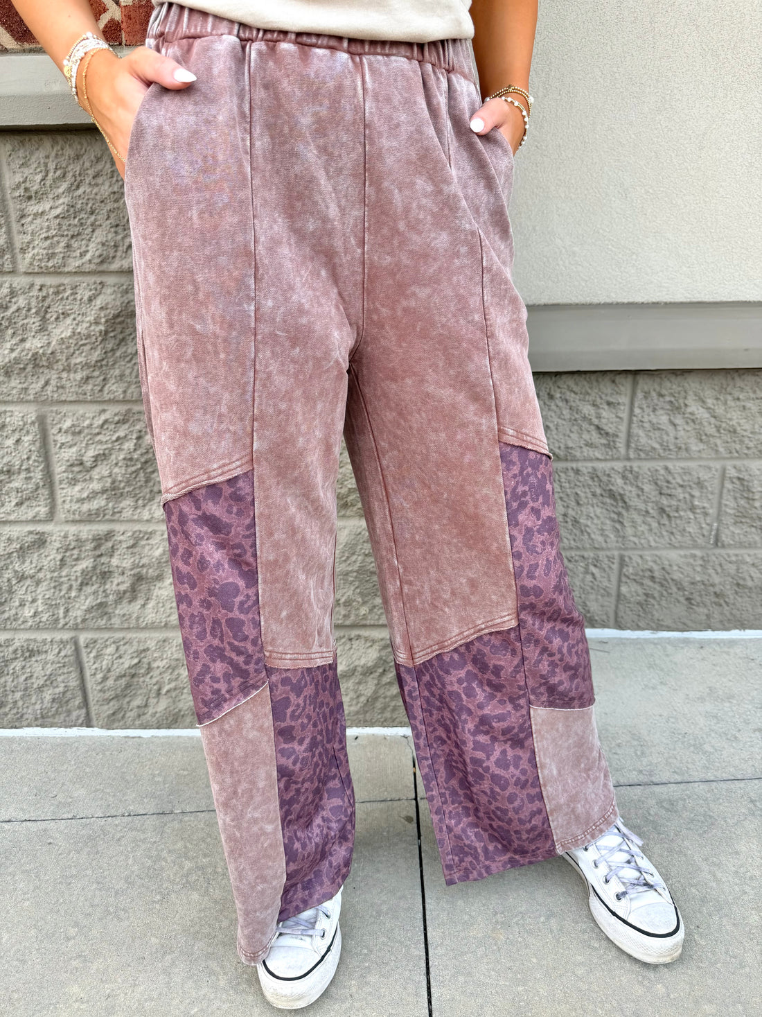 Coffee Mineral Wash Leopard Patchwork Loose Pants