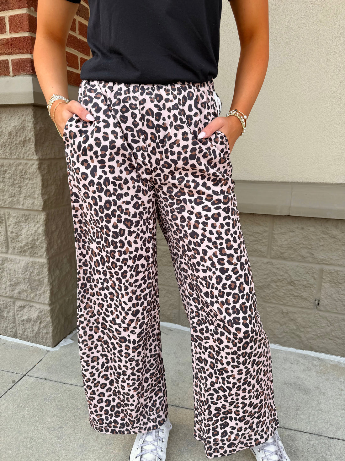Beige Leopard Print Side Striped Detail Casual Wide Leg Pants