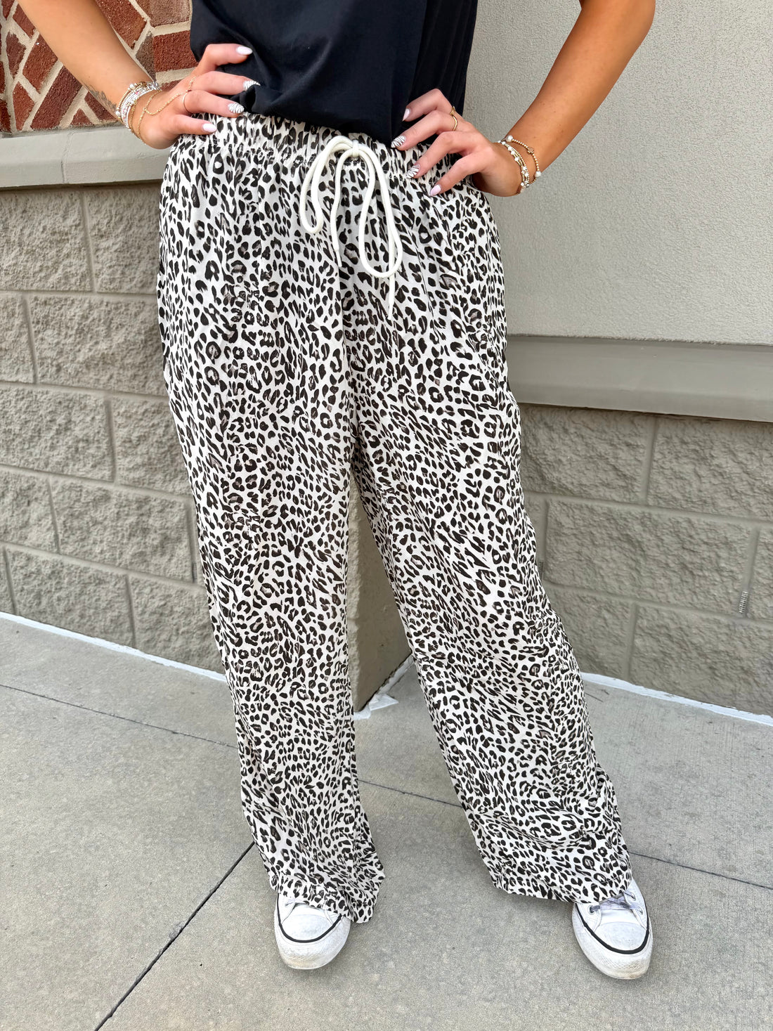 Brown Leopard Drawstring Elastic Waistband Loose Pants