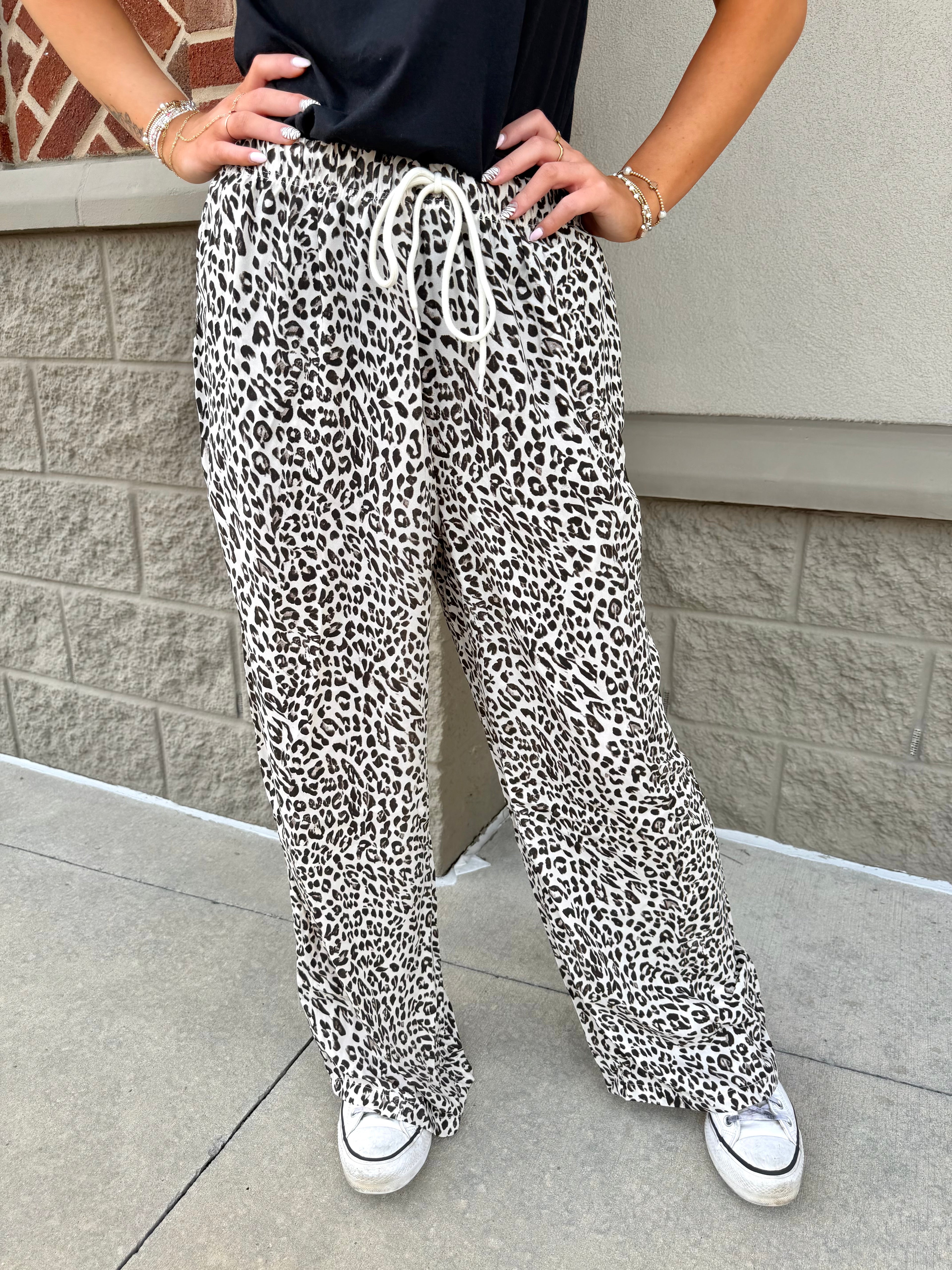 Brown Leopard Drawstring Elastic Waistband Loose Pants