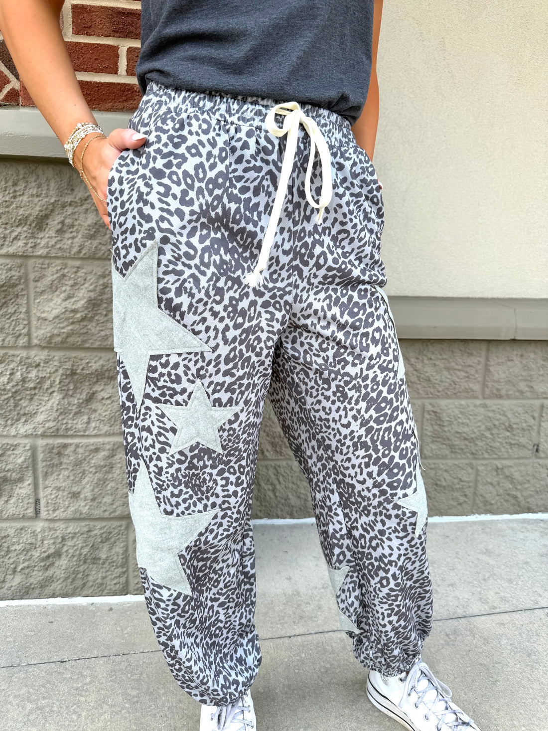 Leopard Print Star Patched Drawstring Elastic Waist Jogger {2 Colorways}