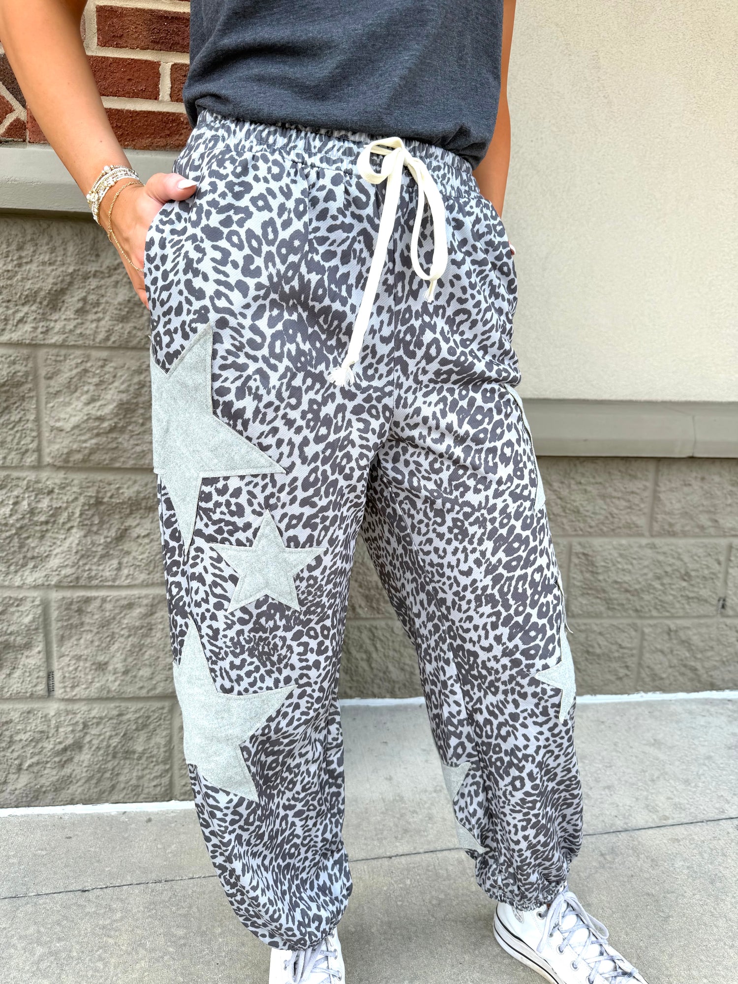 Leopard Print Star Patched Drawstring Elastic Waist Jogger {2 Colorways}