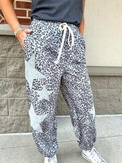 Leopard Print Star Patched Drawstring Elastic Waist Jogger {2 Colorways}