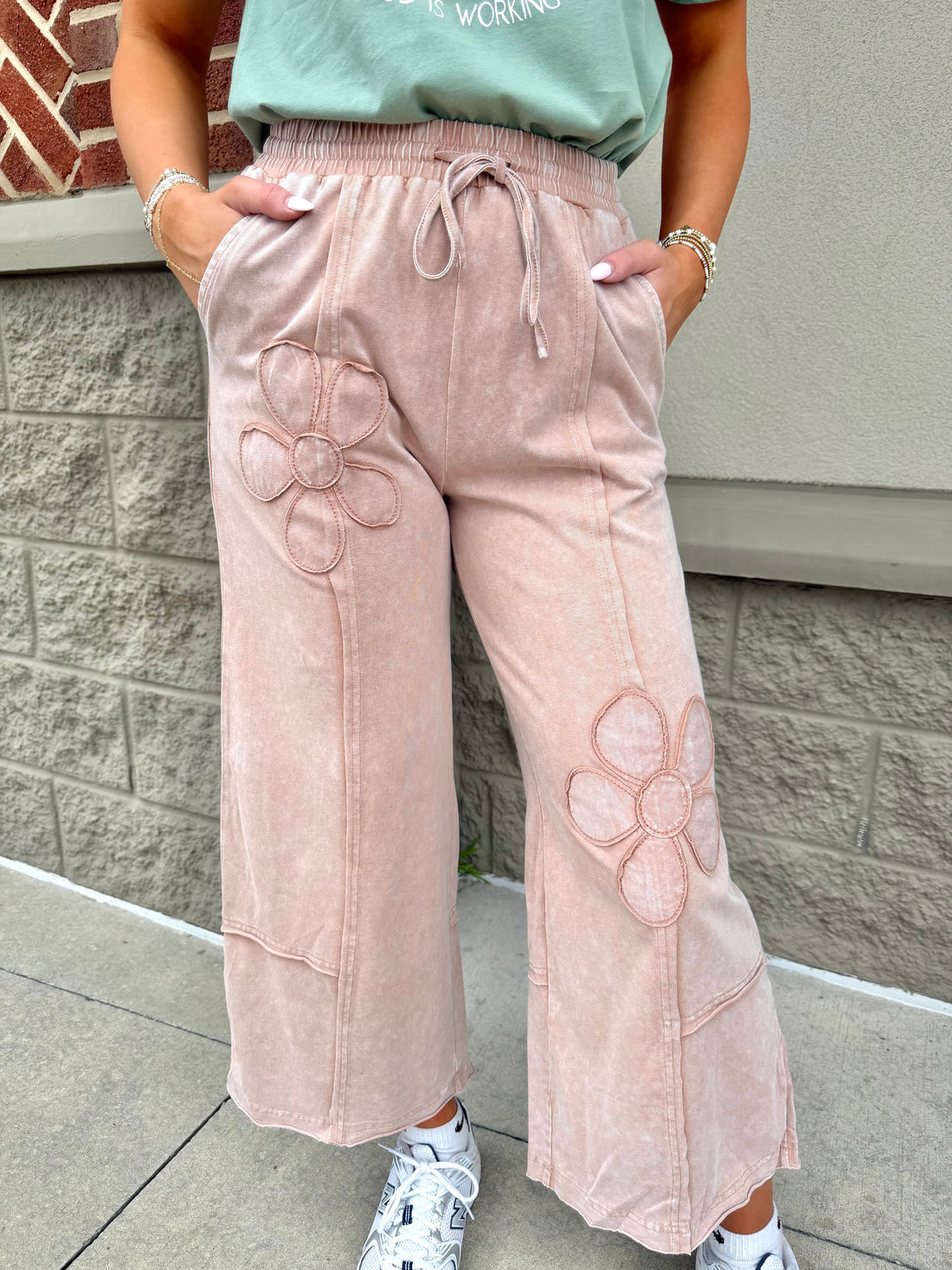 Buckskin Flower Patch Mineral Washed Terry Knit Cropped Wide Leg Pants