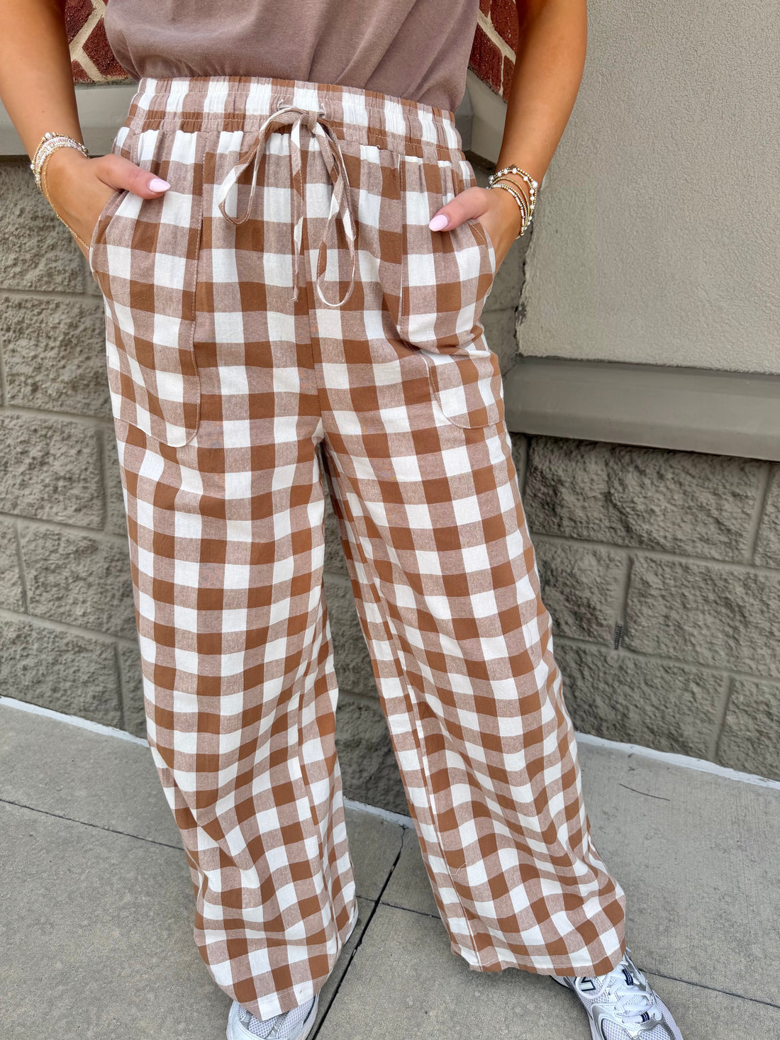 Brown Gingham Plaid Tie Elastic Waist Shift Pants