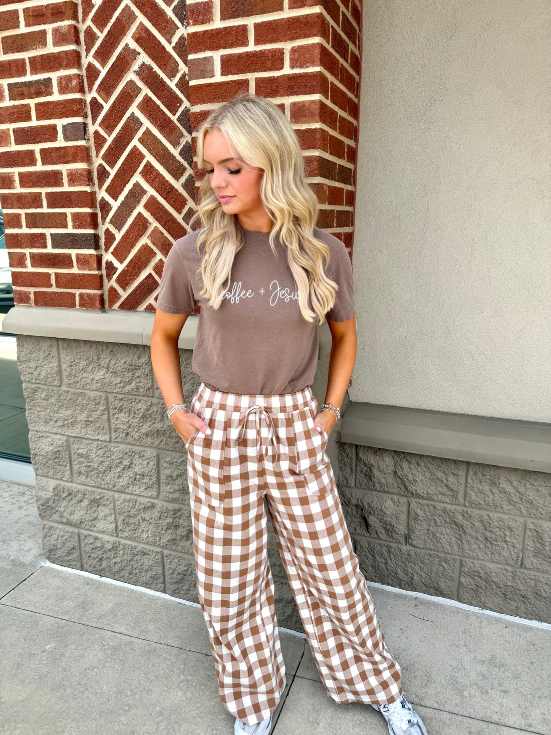 Brown Gingham Plaid Tie Elastic Waist Shift Pants
