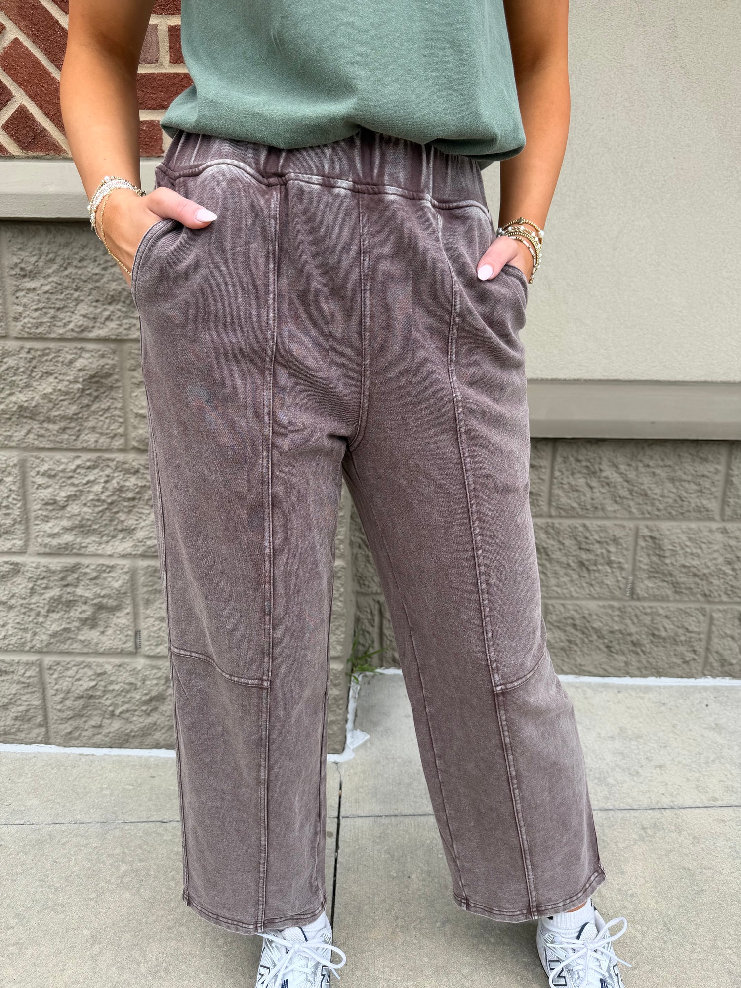 Coffee Mineral Wash Seam Detail Elastic Waist Barrel Pants