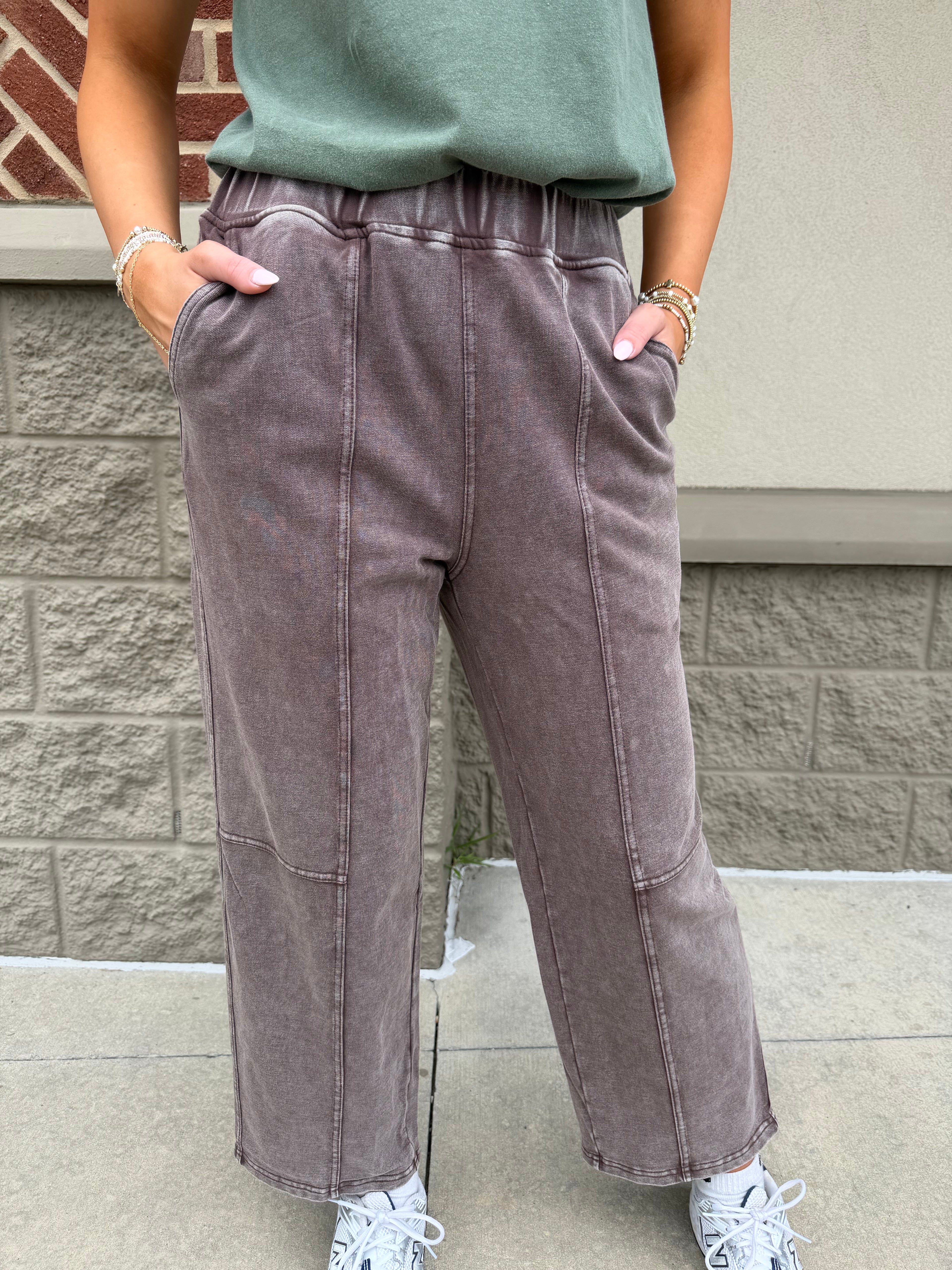 Coffee Mineral Wash Seam Detail Elastic Waist Barrel Pants