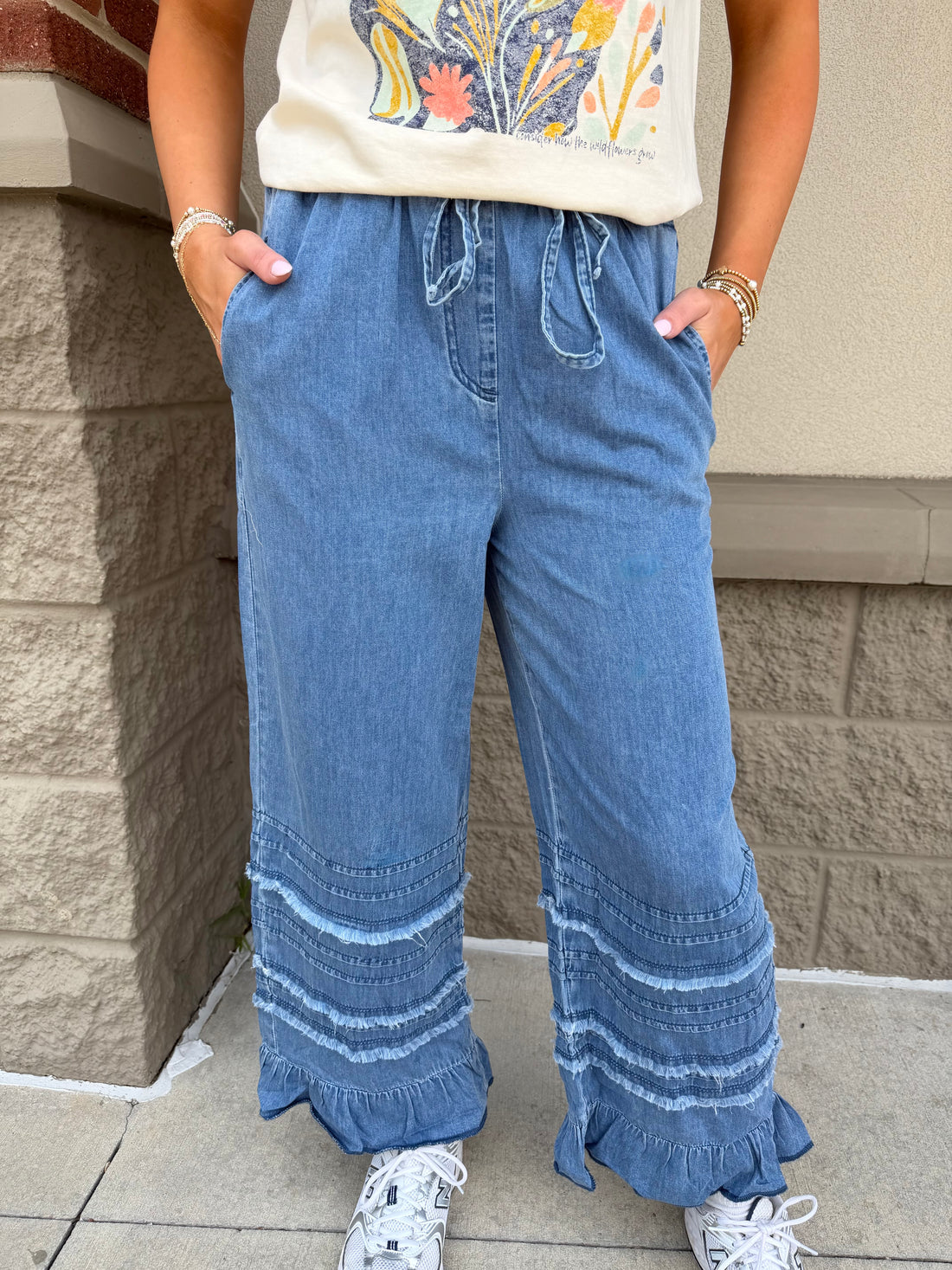 Dusk Blue Ruffled Hem Wide Leg Chambray Pants