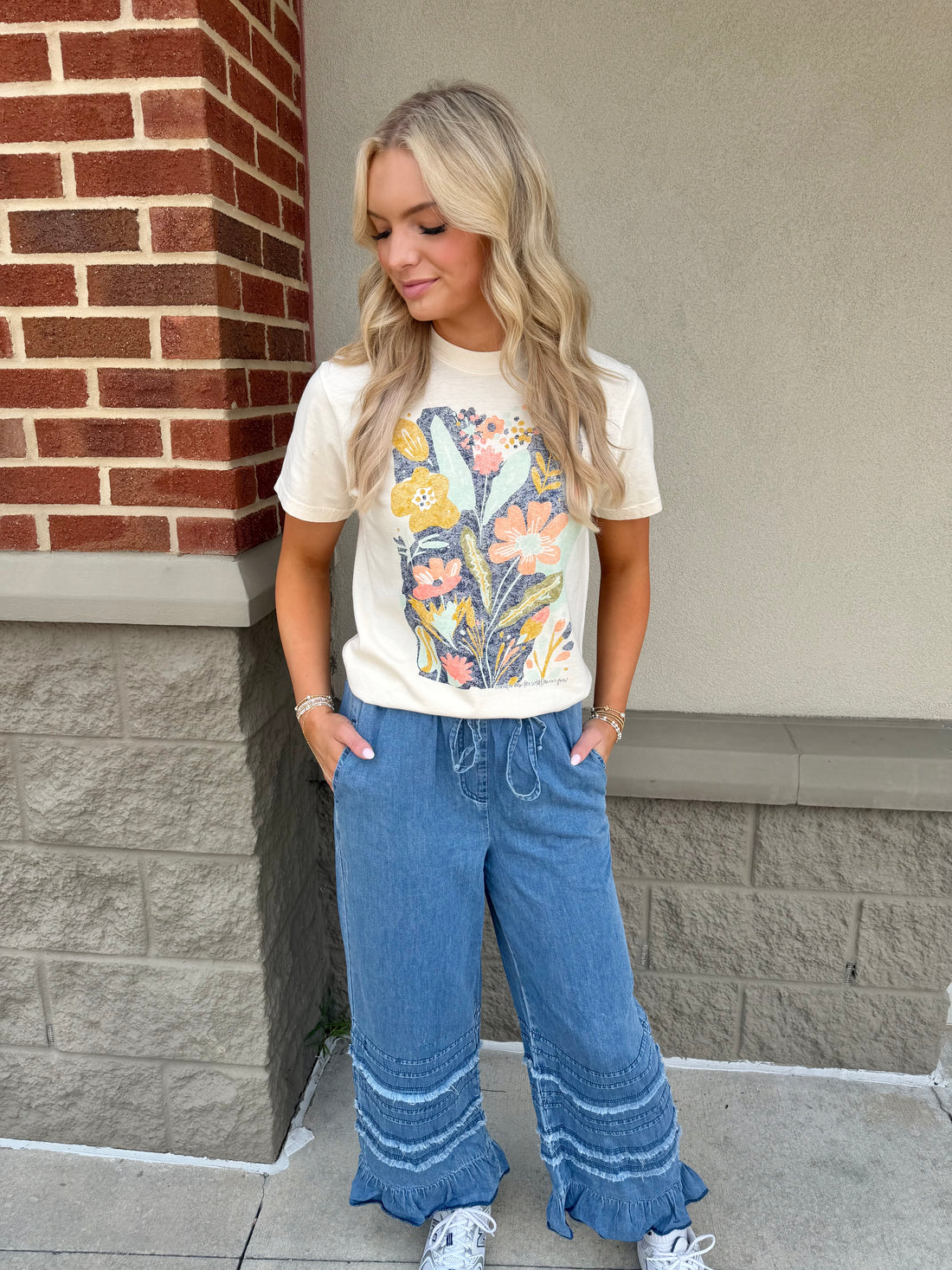Dusk Blue Ruffled Hem Wide Leg Chambray Pants