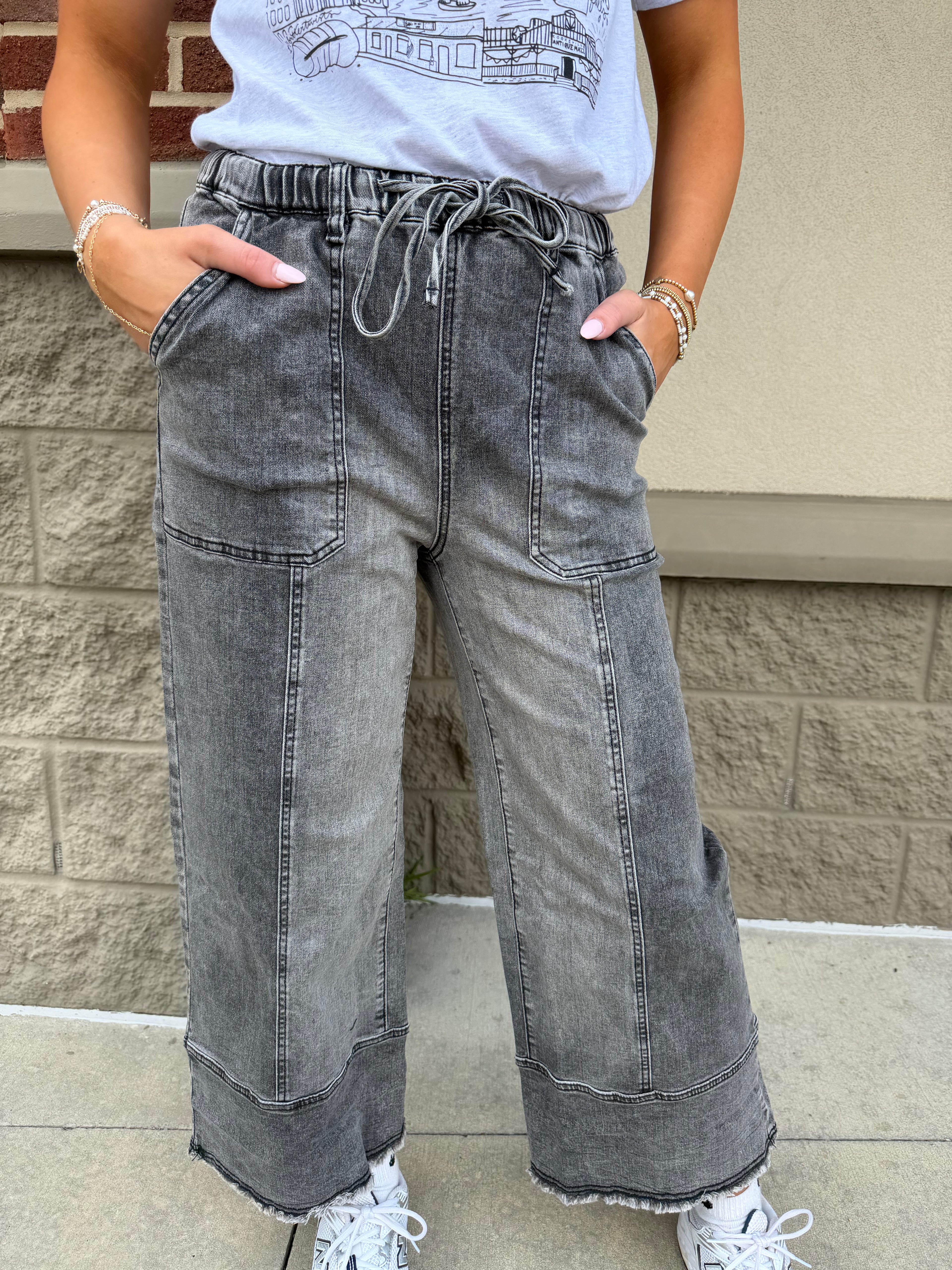 Drawstring Seam Detail Raw Hem Wide Leg Denim Pants