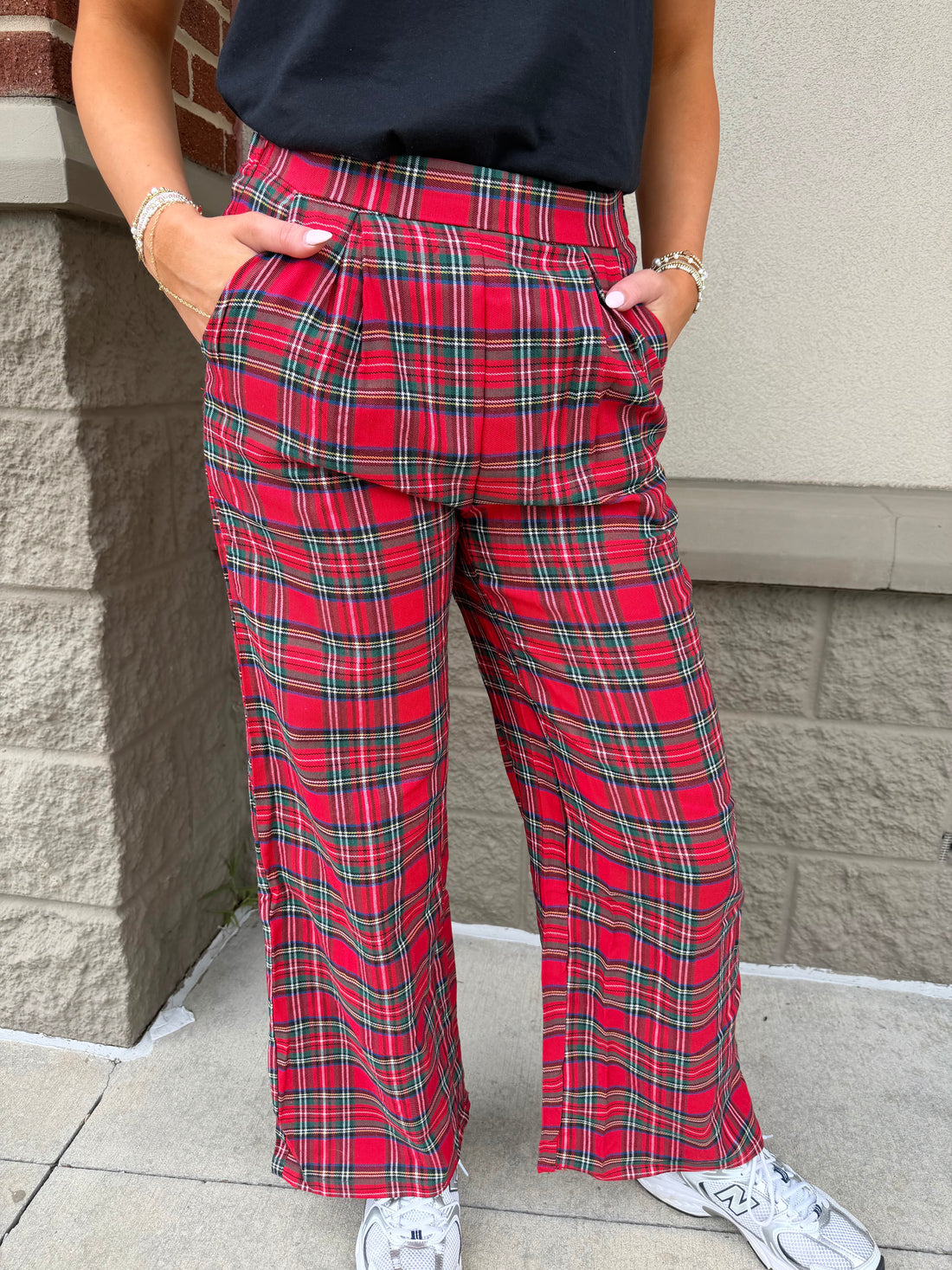Red Festive Plaid Wide Leg Pull On Pants