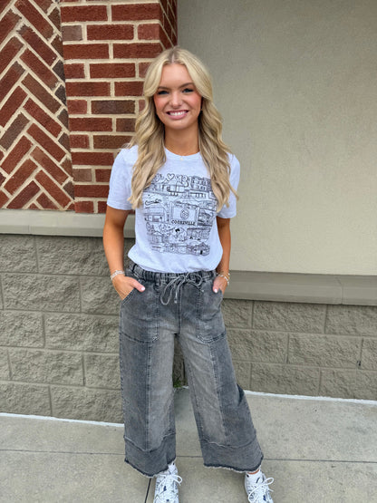 Drawstring Seam Detail Raw Hem Wide Leg Denim Pants