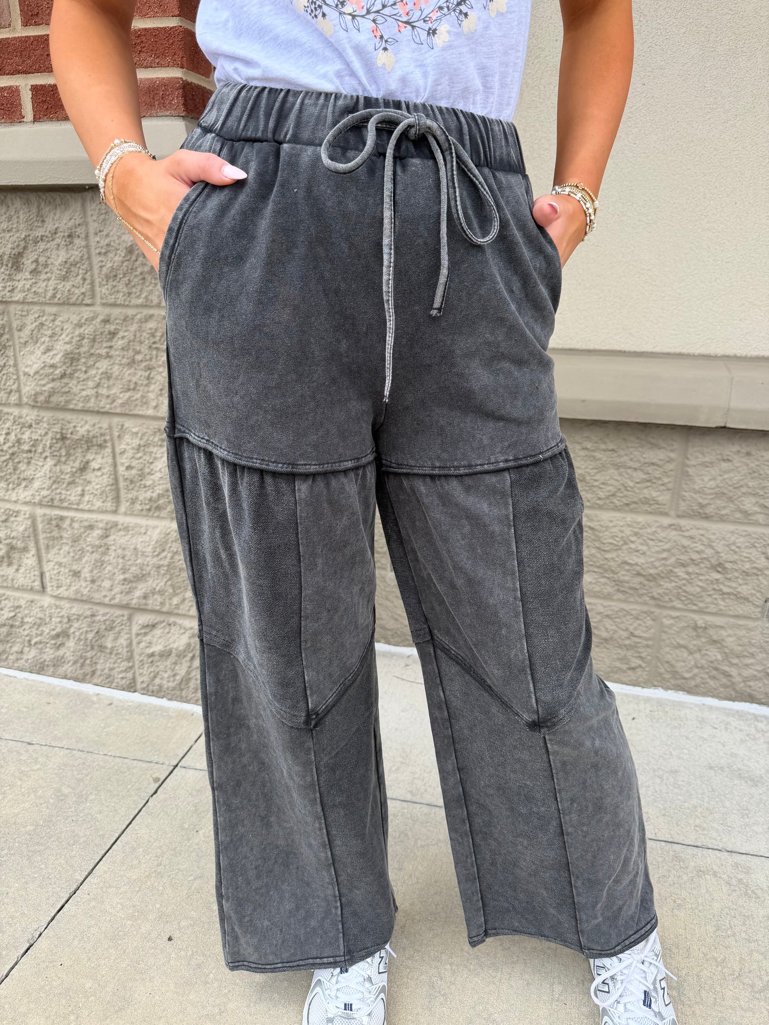 Mineral Wash Tiered Wide Leg Patchwork Drawstring Pants {2 Colorways}