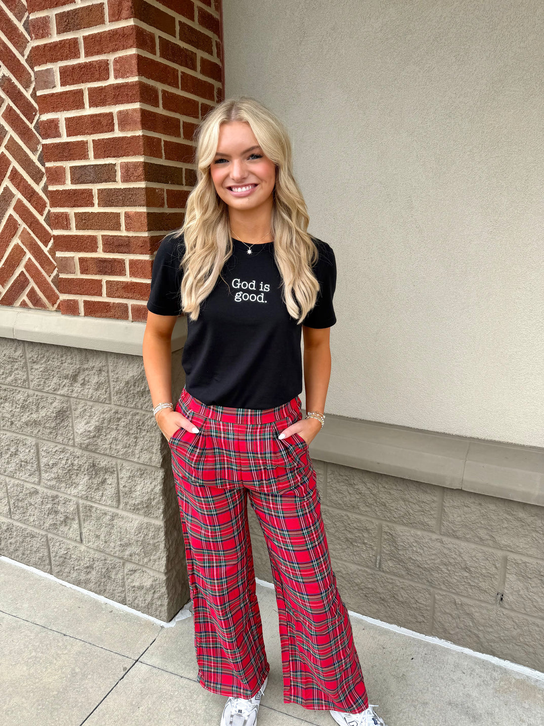 Red Festive Plaid Wide Leg Pull On Pants