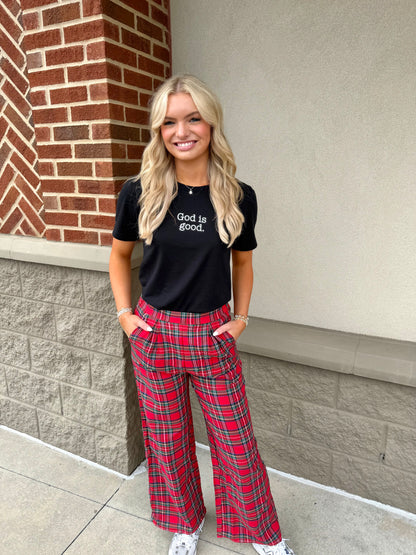 Red Festive Plaid Wide Leg Pull On Pants