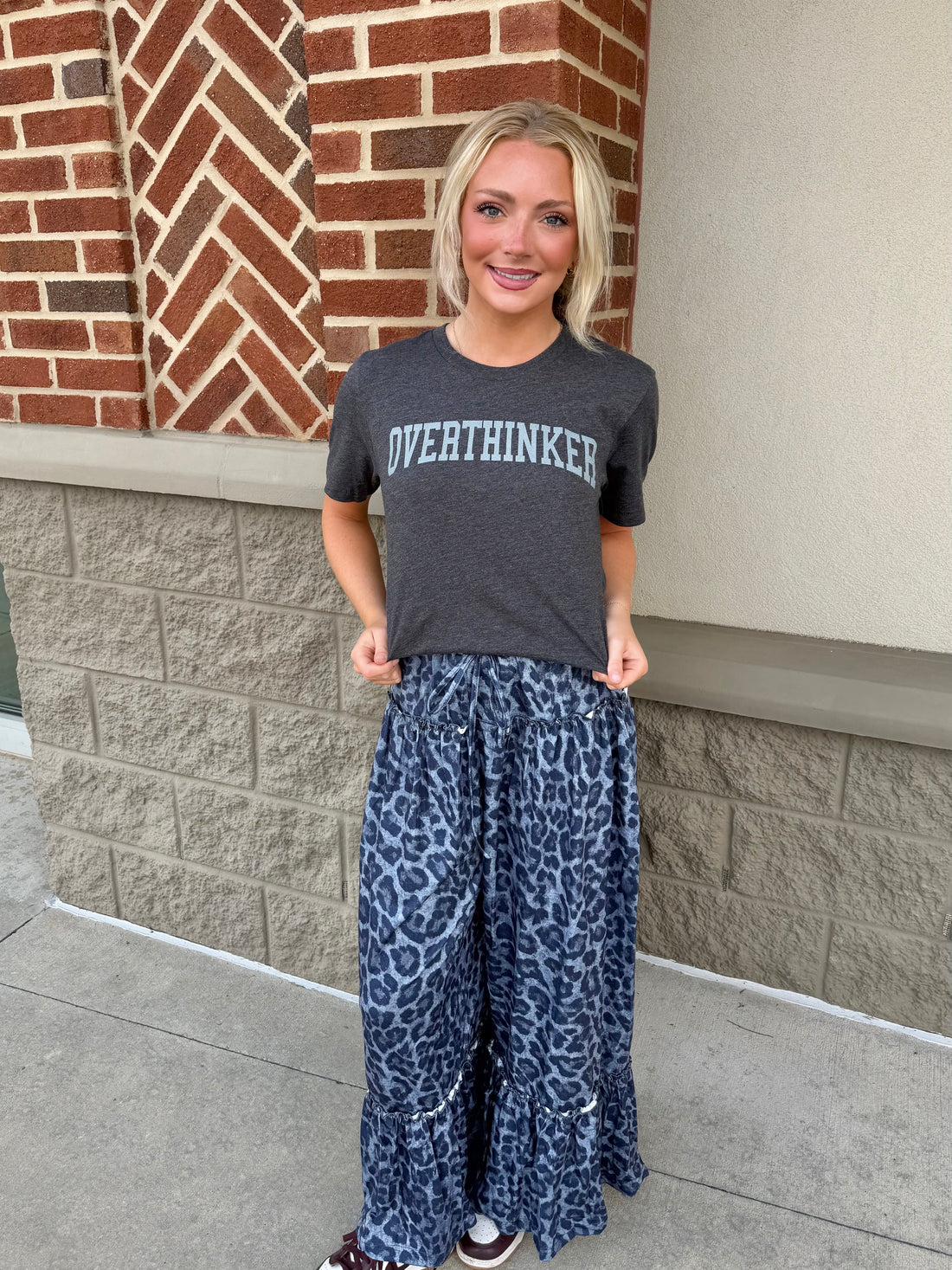 Gray Wild Leopard Print Frilled Detail Drawstring Wide Leg Pants