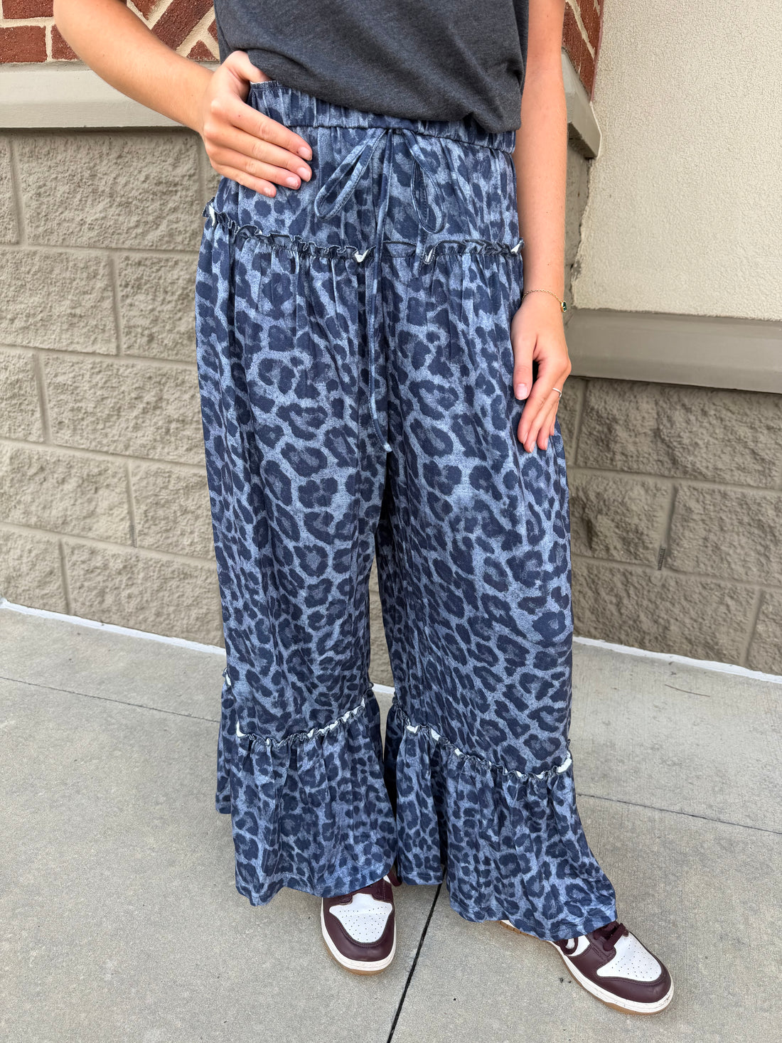 Gray Wild Leopard Print Frilled Detail Drawstring Wide Leg Pants