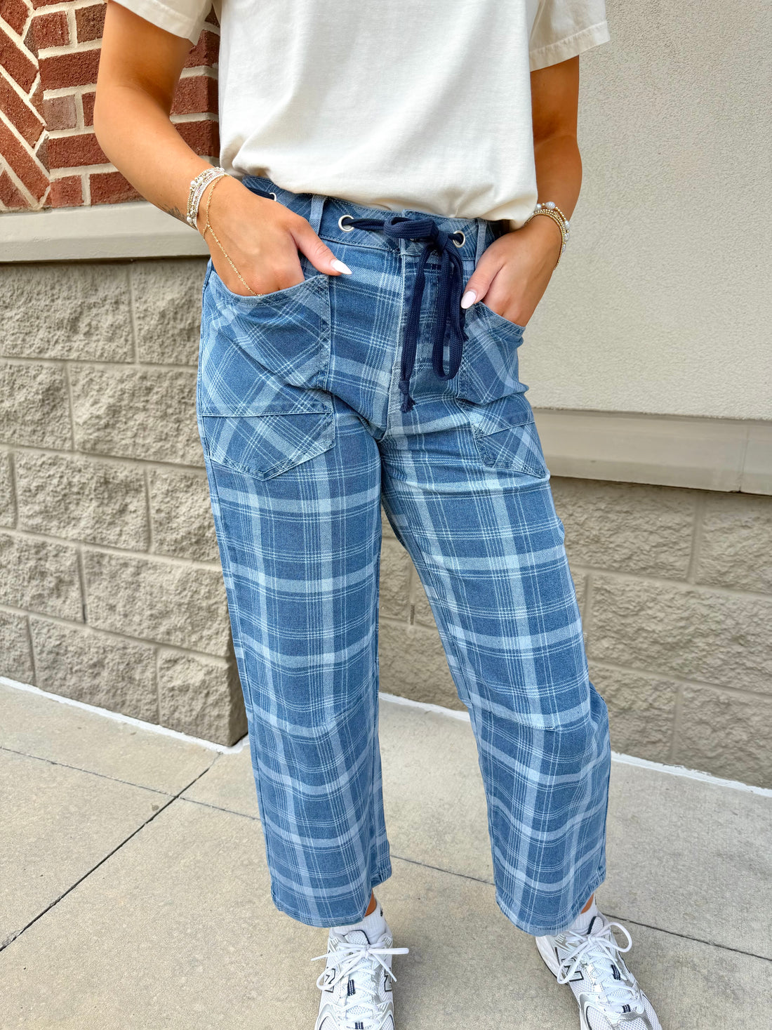 Sky Blue Plaid Denim Grommet Drawstring Waist Ankle-Length Jeans
