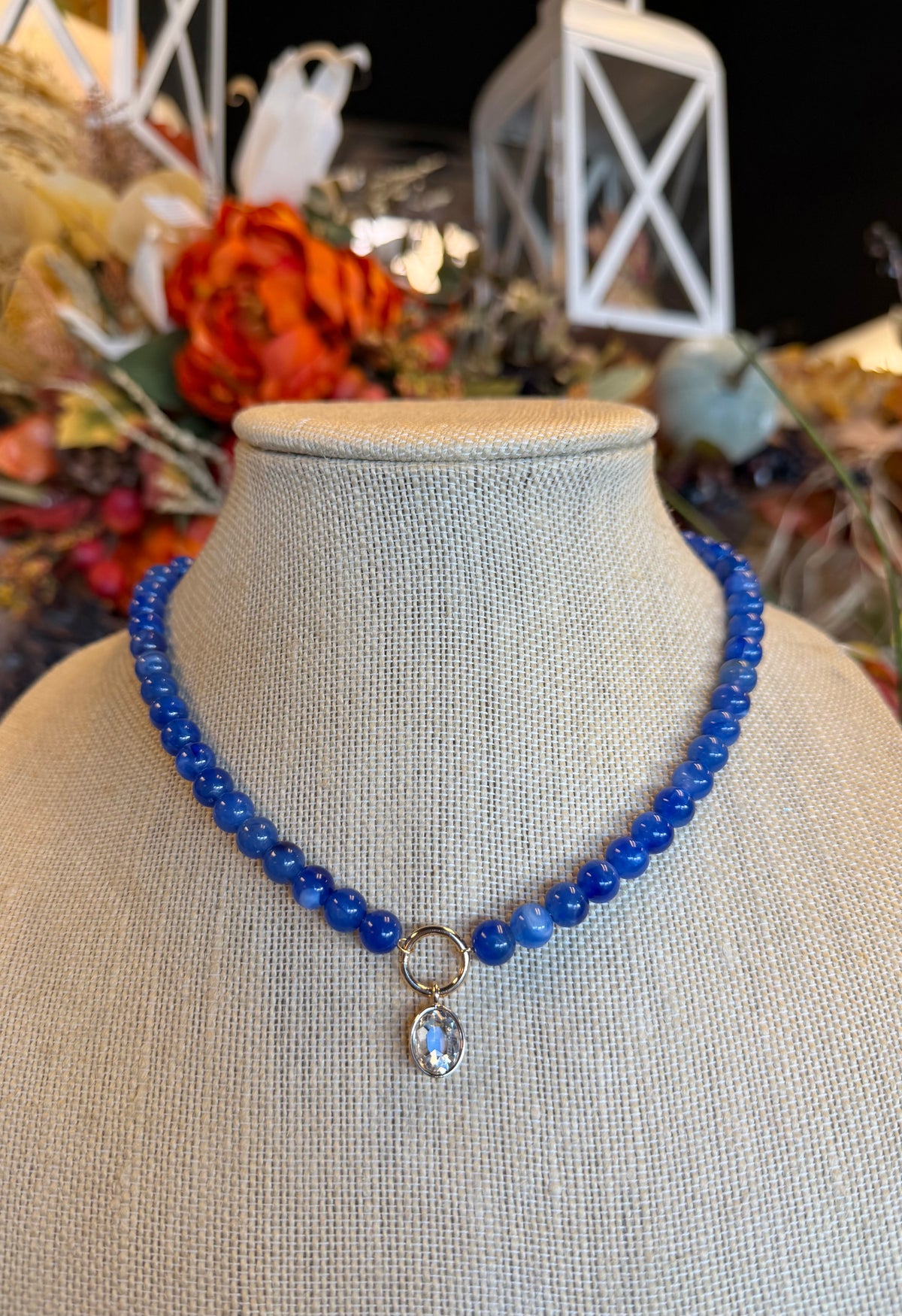 Round Stone Bezel Charm Pendant Beaded Necklace