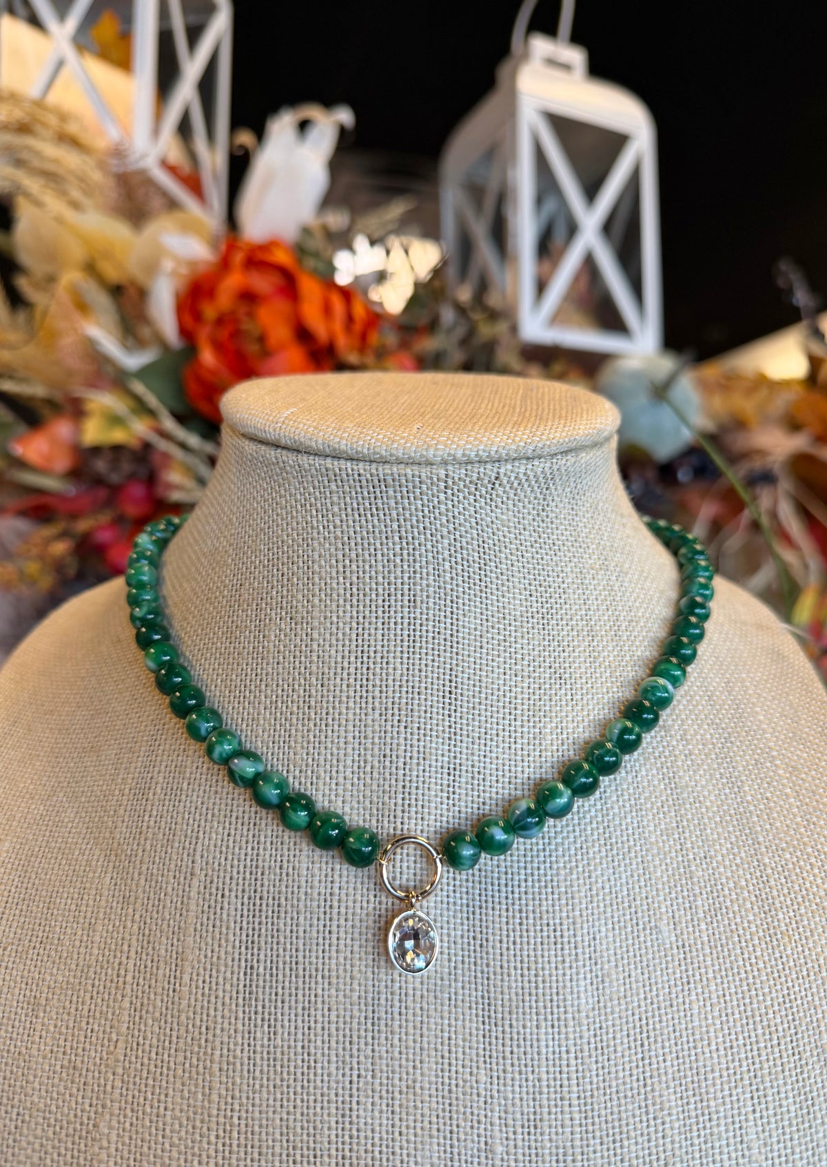 Round Stone Bezel Charm Pendant Beaded Necklace