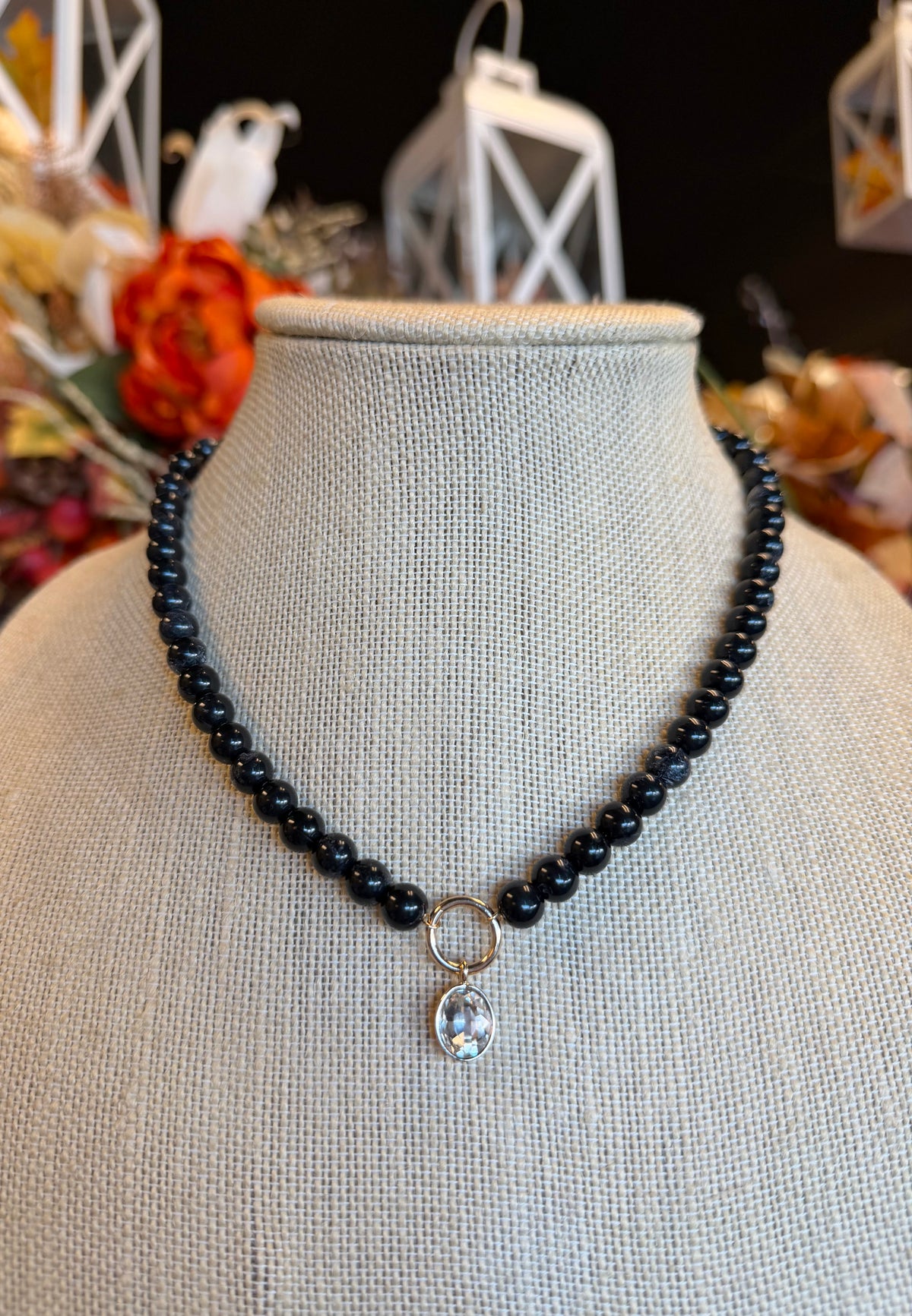 Round Stone Bezel Charm Pendant Beaded Necklace