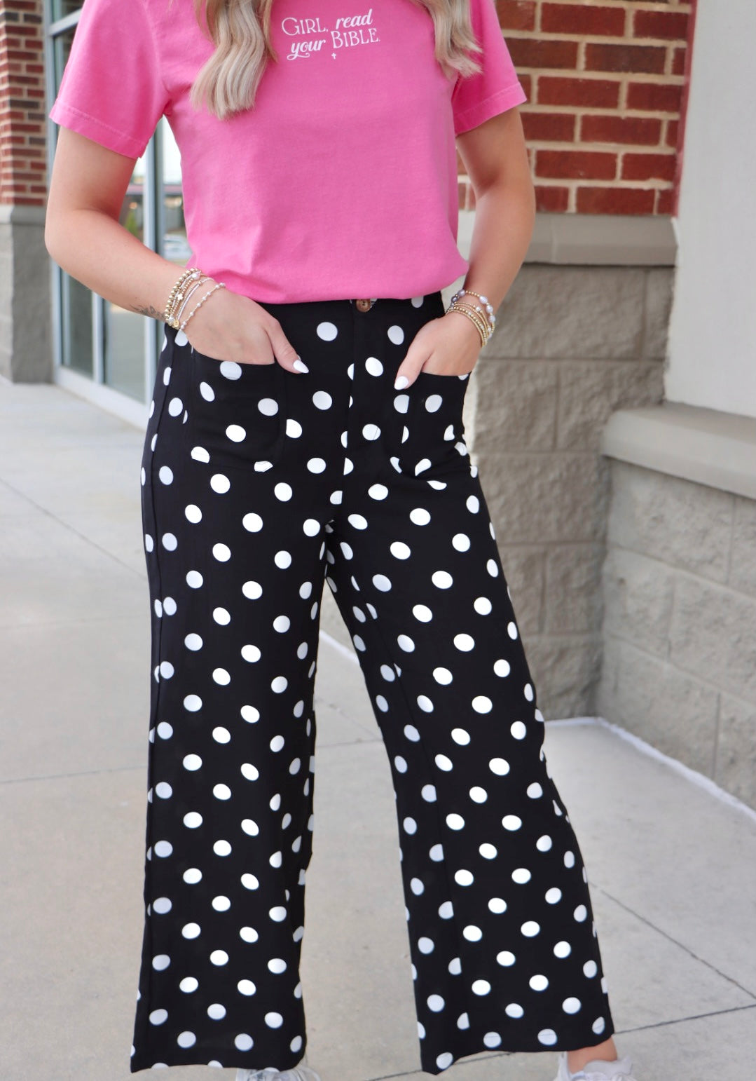 Mid-rise Polka Dot Print Patched Pocket Straight Leg Pants