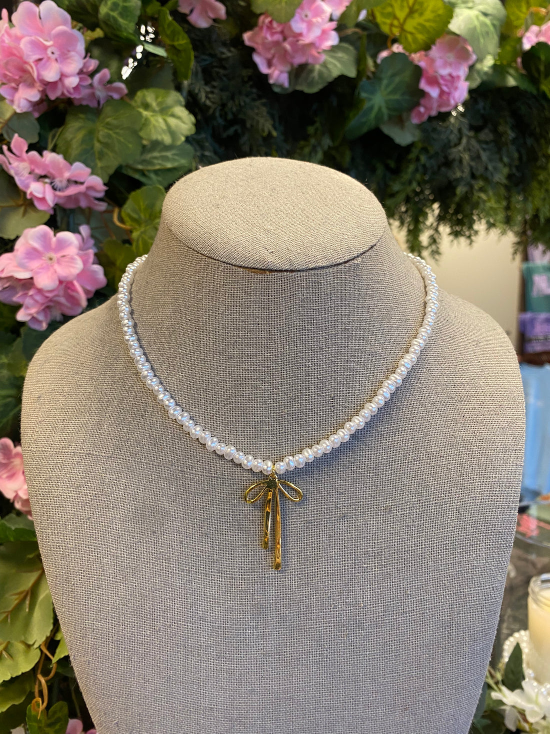 Pearl Chain Bow Charm Necklace