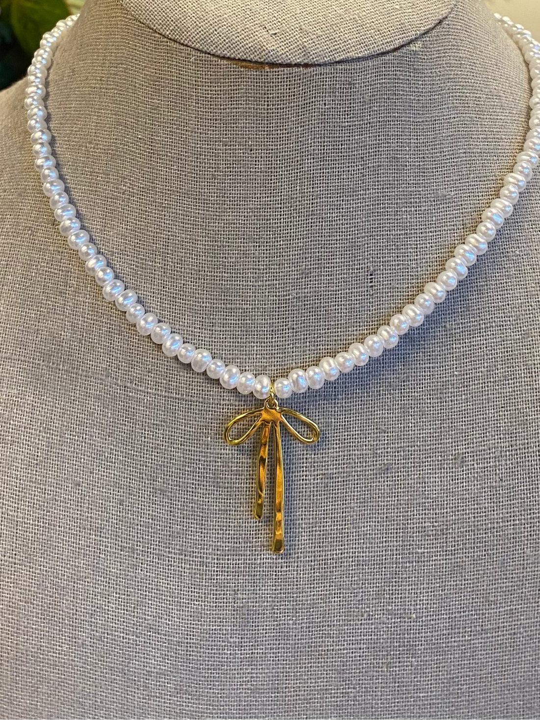 Pearl Chain Bow Charm Necklace