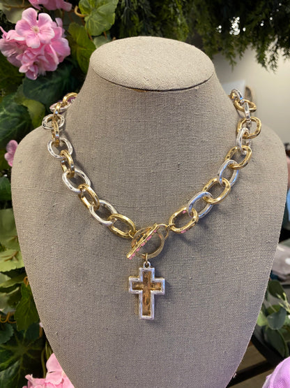Hammered Layered Cross Chunky Toggle Necklace
