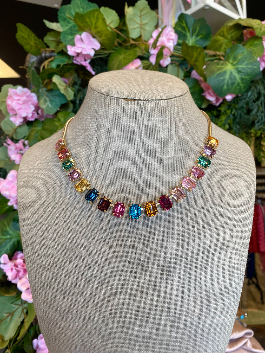 Rainbow Emerald-Cut Gemstone Statement Necklace